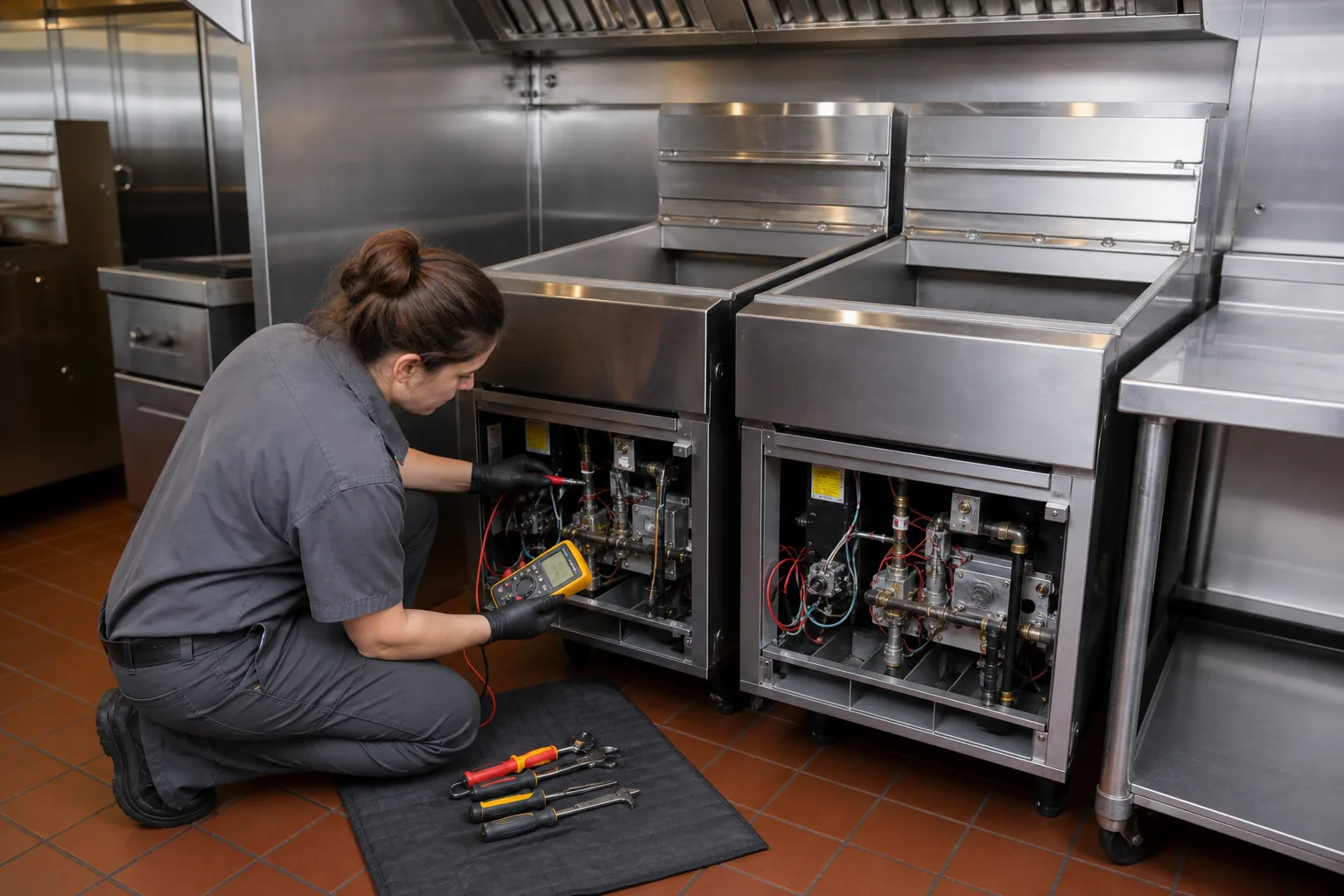 Technician testing the control compartment of two commercial deep fryers