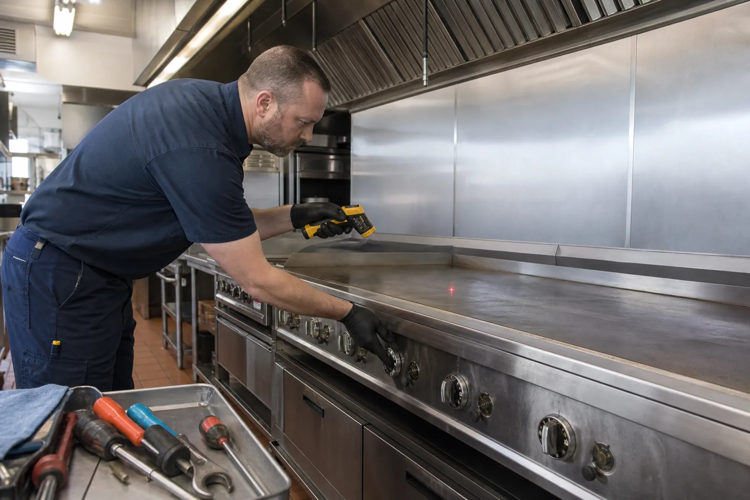 Technician mapping surface temperature across a commercial flat-top griddle