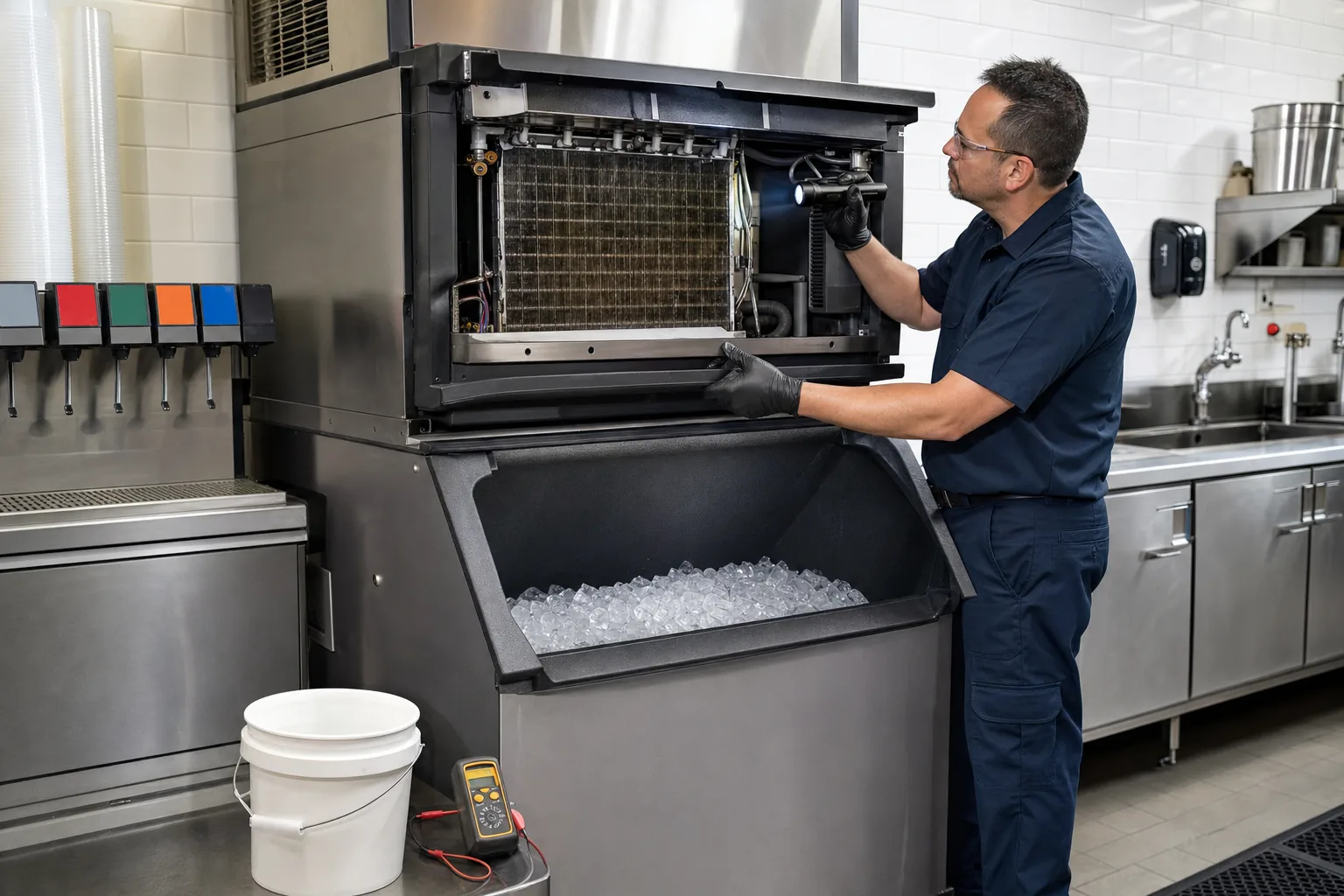 Commercial technician inspecting the evaporator and water system of a modular ice machine