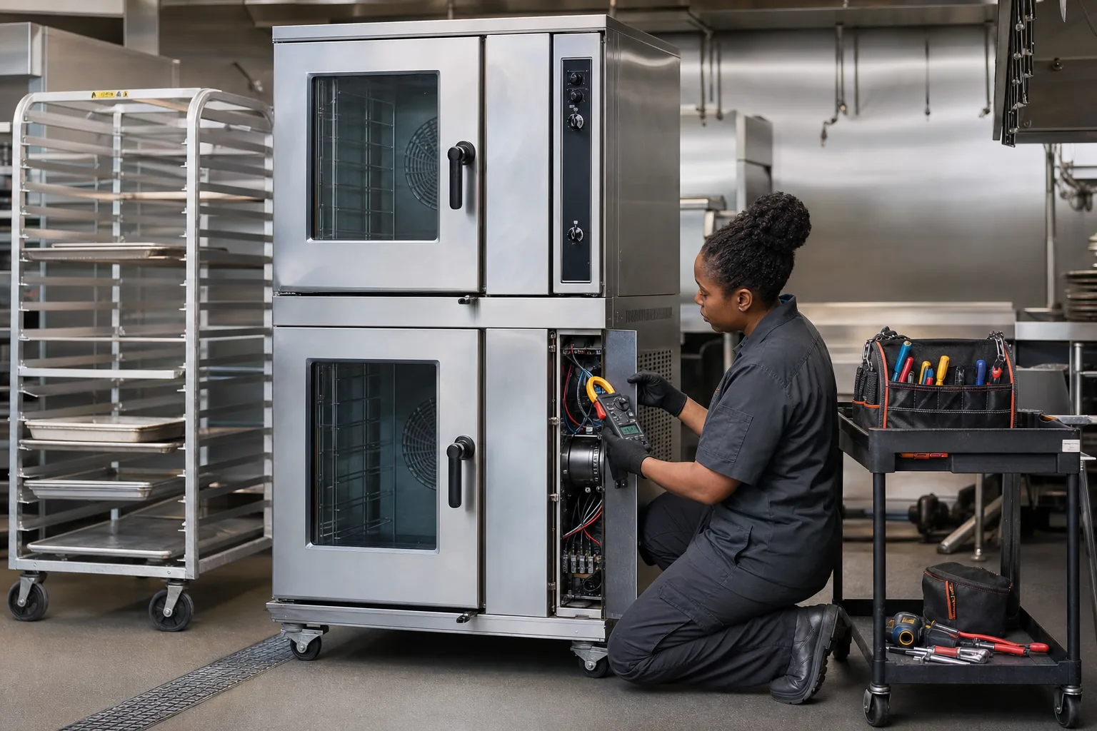 Technician testing the fan motor circuit on a stacked commercial convection oven