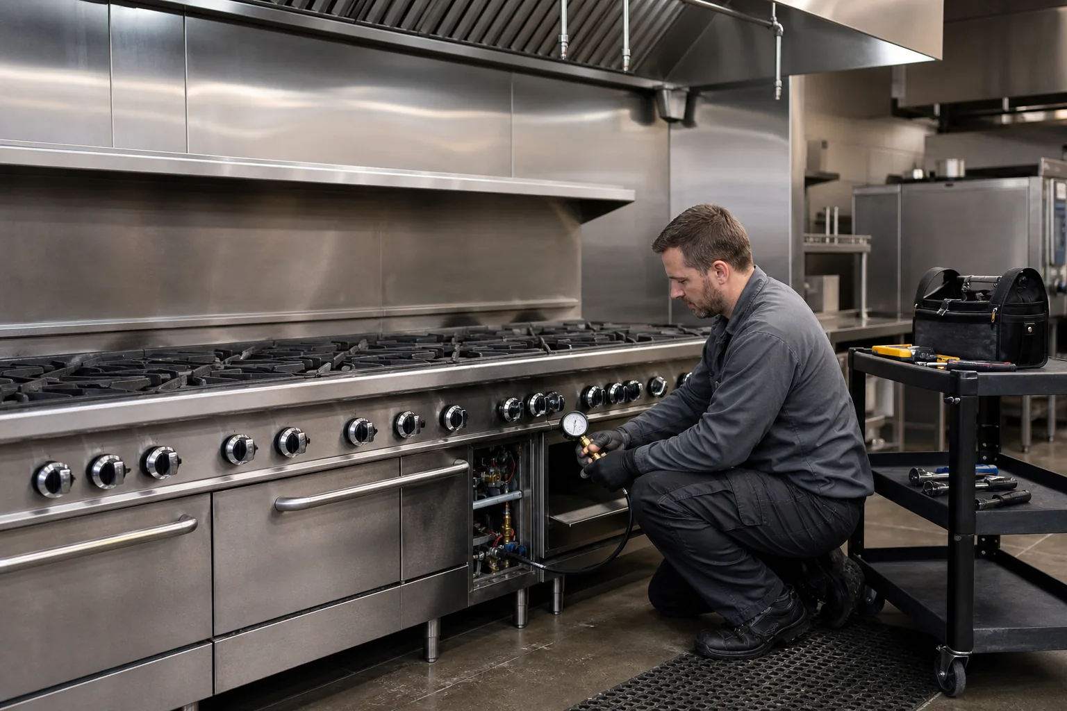 Technician measuring gas pressure on a six-burner commercial restaurant range