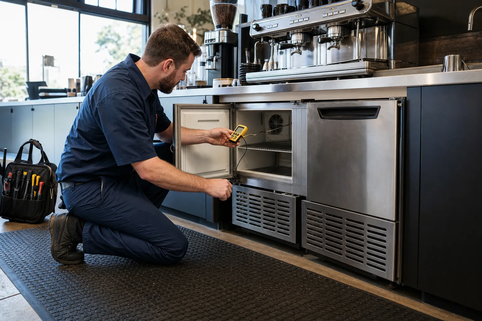 Technician measuring temperature in a commercial undercounter refrigerator below a cafe counter