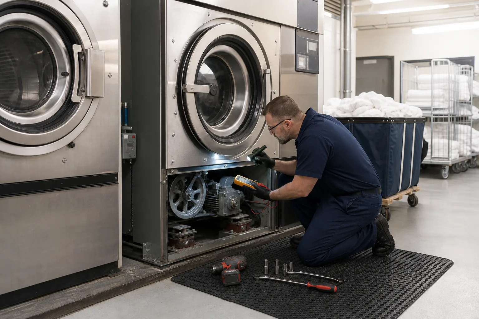 Technician testing the lower drive system on a commercial washer-extractor