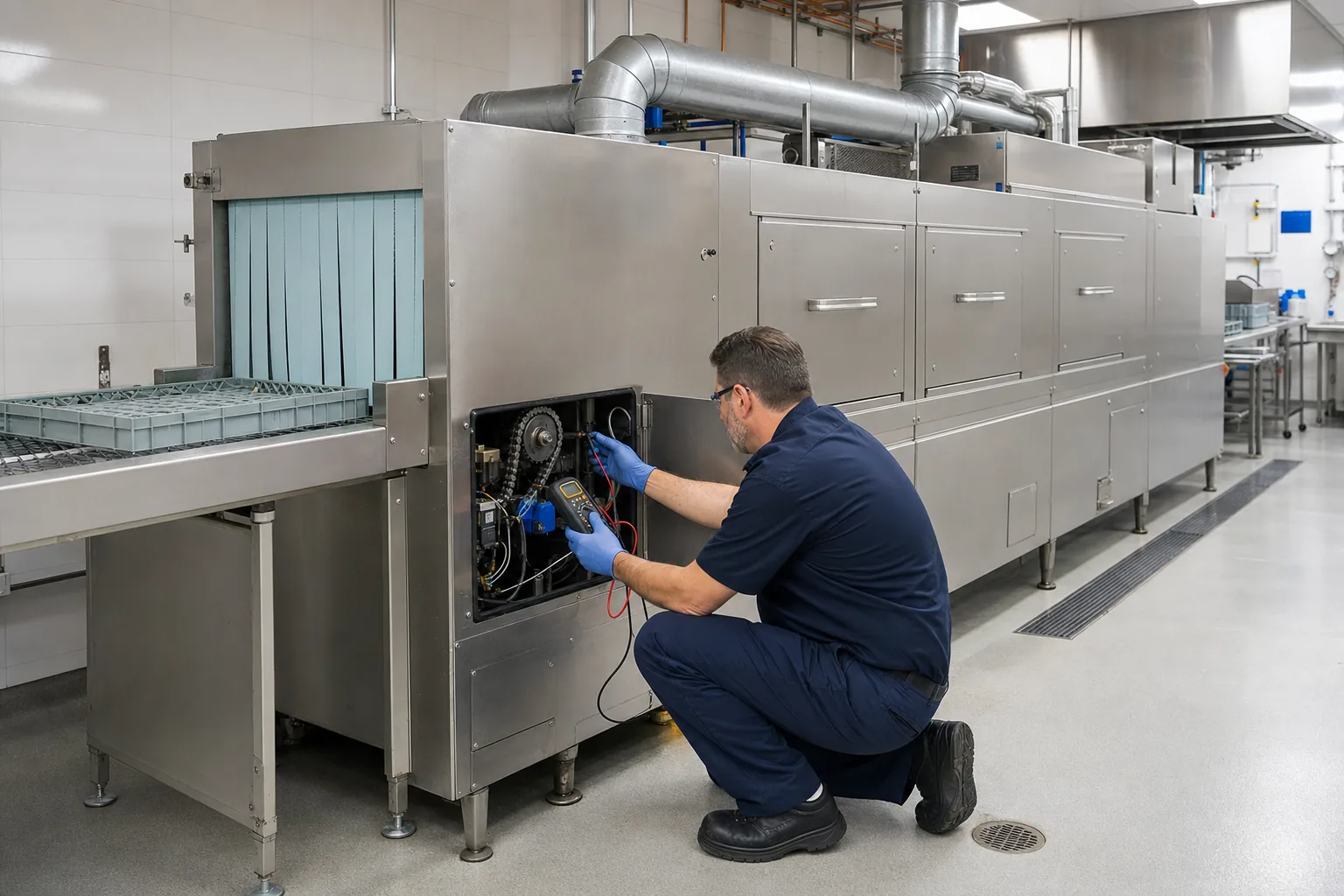 Technician testing the drive and sensor access on a commercial conveyor dishwasher