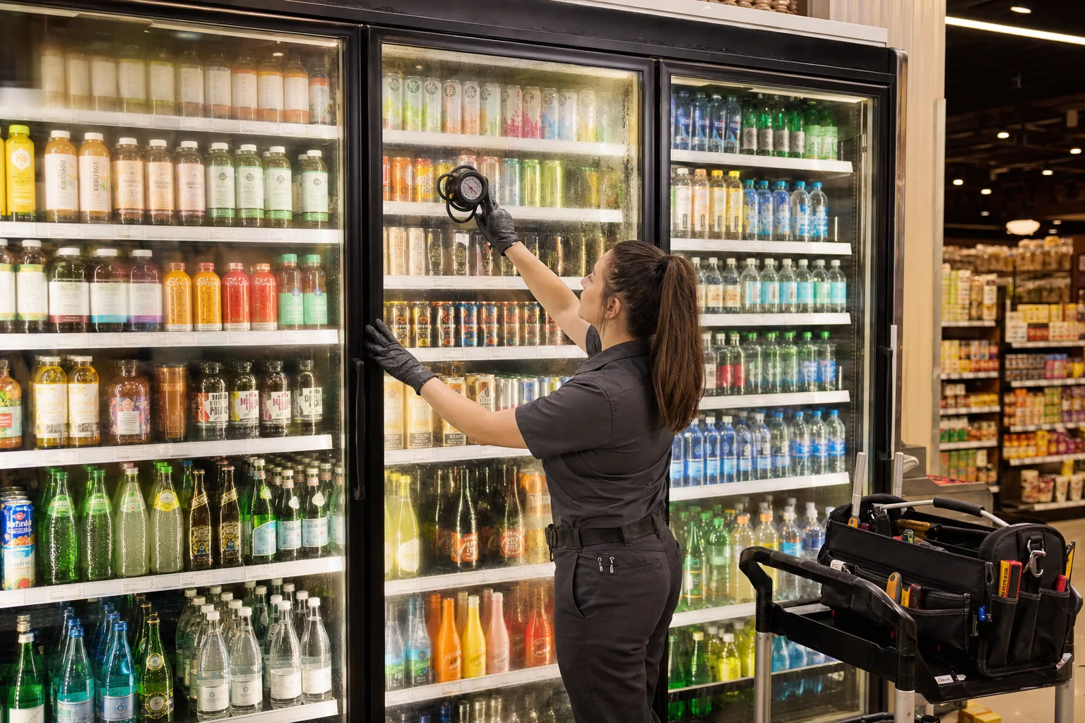 Technician checking condensation and door temperature on a glass-door merchandiser cooler