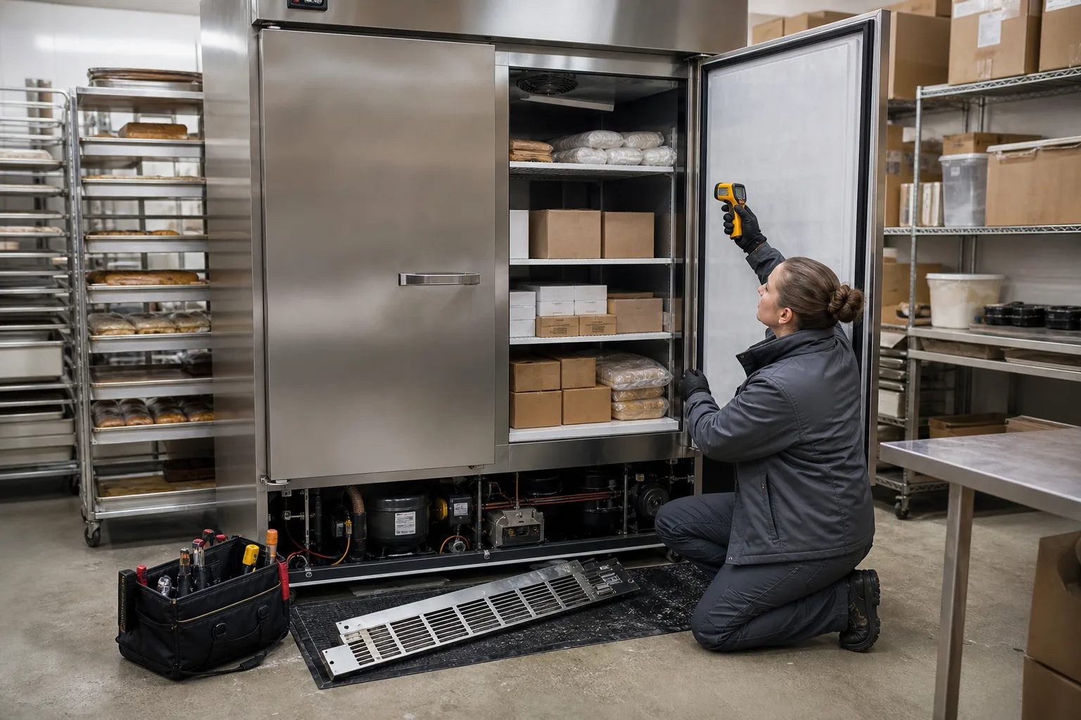 Technician checking temperature and the lower machine area of a commercial reach-in freezer