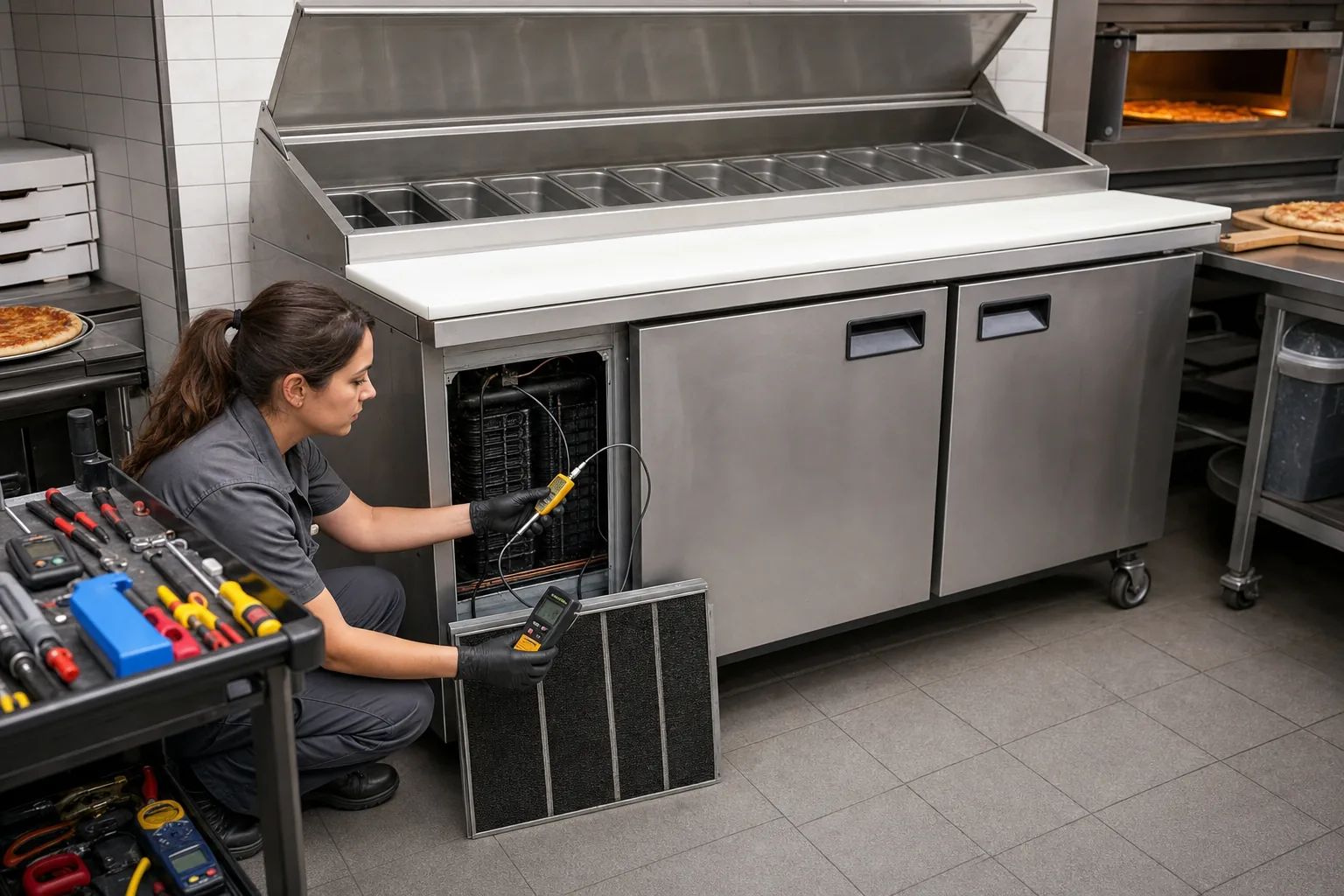 Commercial technician testing the condenser and temperature probes on a refrigerated prep table