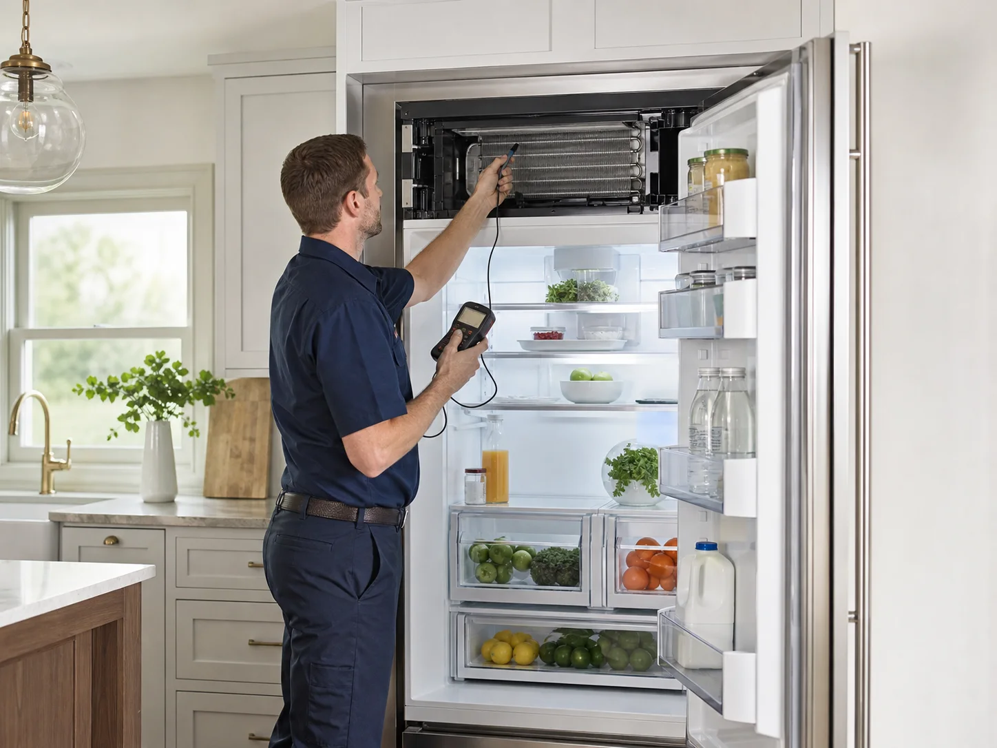 Technician testing upper airflow in an unbranded built-in all-refrigerator comparable to Sub-Zero 601R and 601RG models