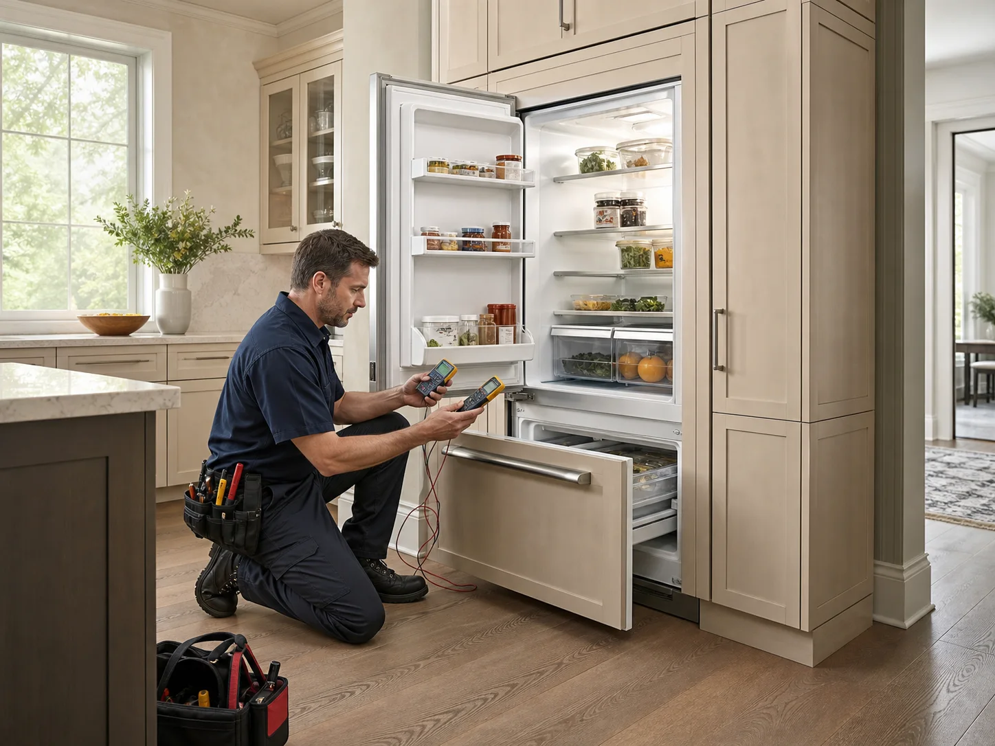 Technician comparing temperatures in an unbranded over-and-under built-in refrigerator comparable to Sub-Zero 611 and 611G models