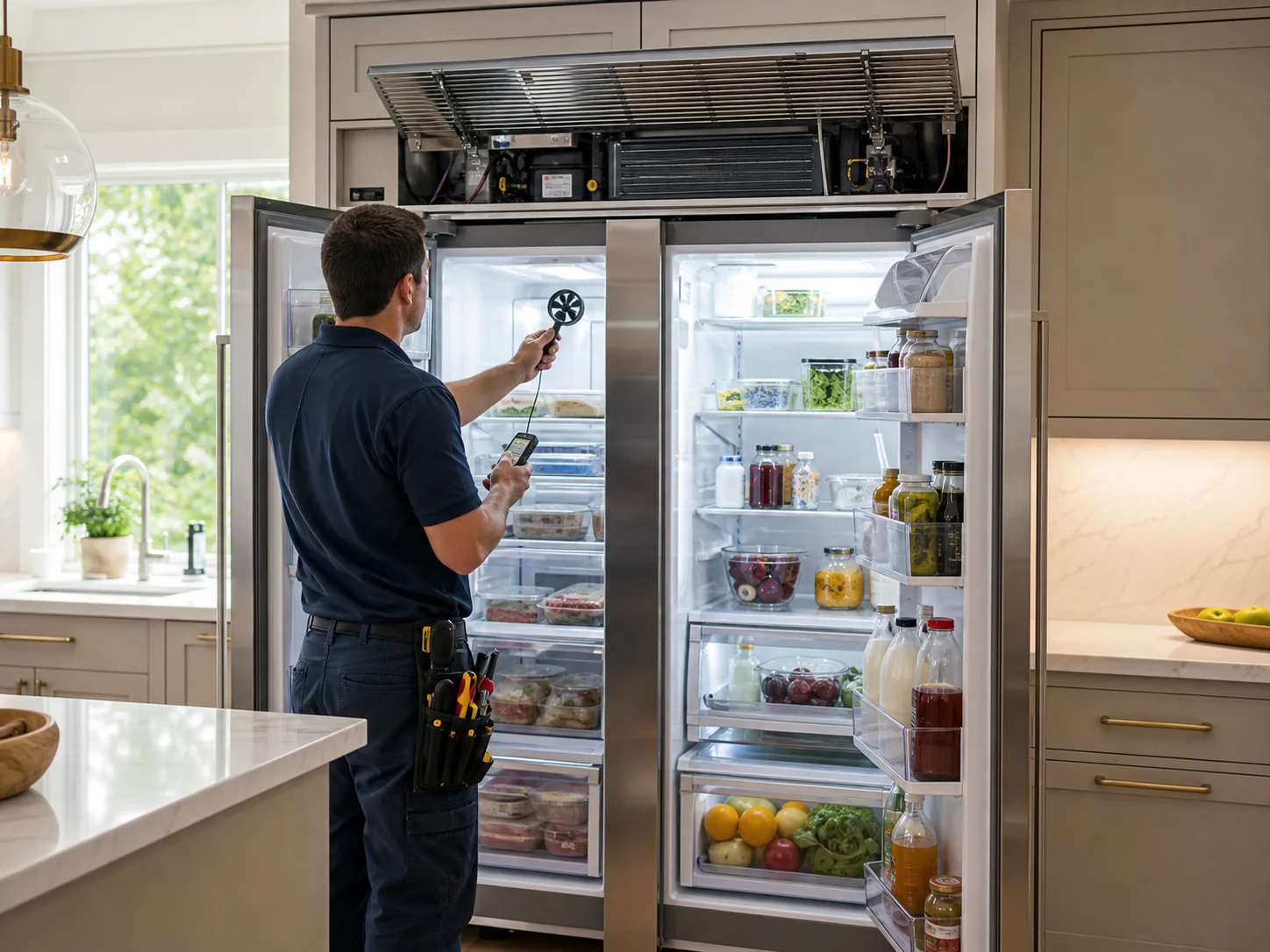 Technician testing airflow in an unbranded wide built-in side-by-side refrigerator comparable to a Sub-Zero 632