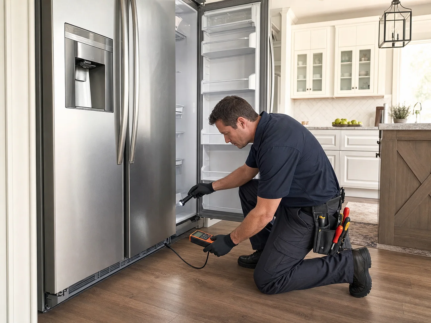 Technician tracing a lower water path in an unbranded 42-inch built-in side-by-side refrigerator comparable to a Sub-Zero 642
