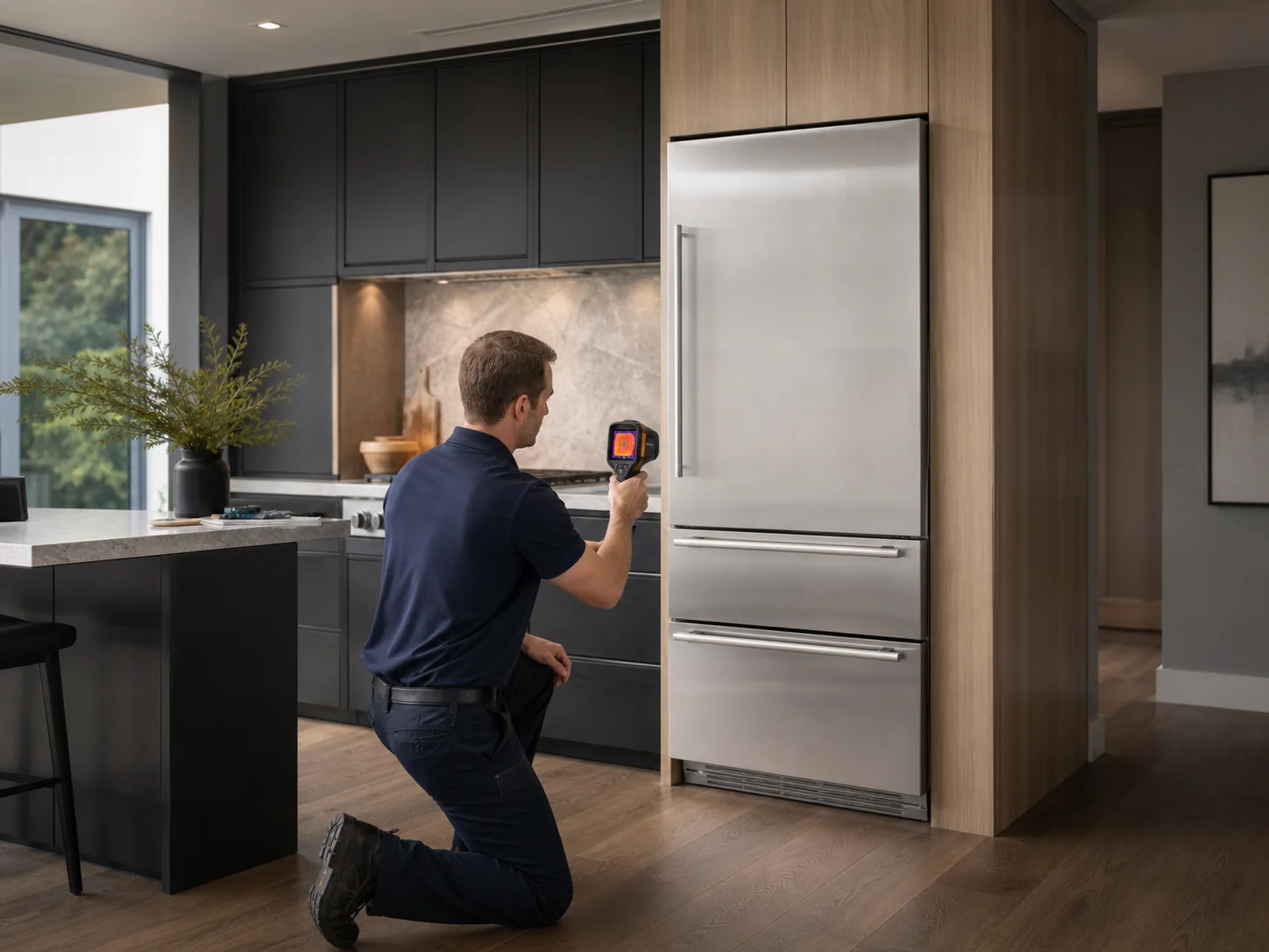 Technician using a thermal camera on an unbranded over-and-under built-in refrigerator comparable to Sub-Zero 650 and 650G models