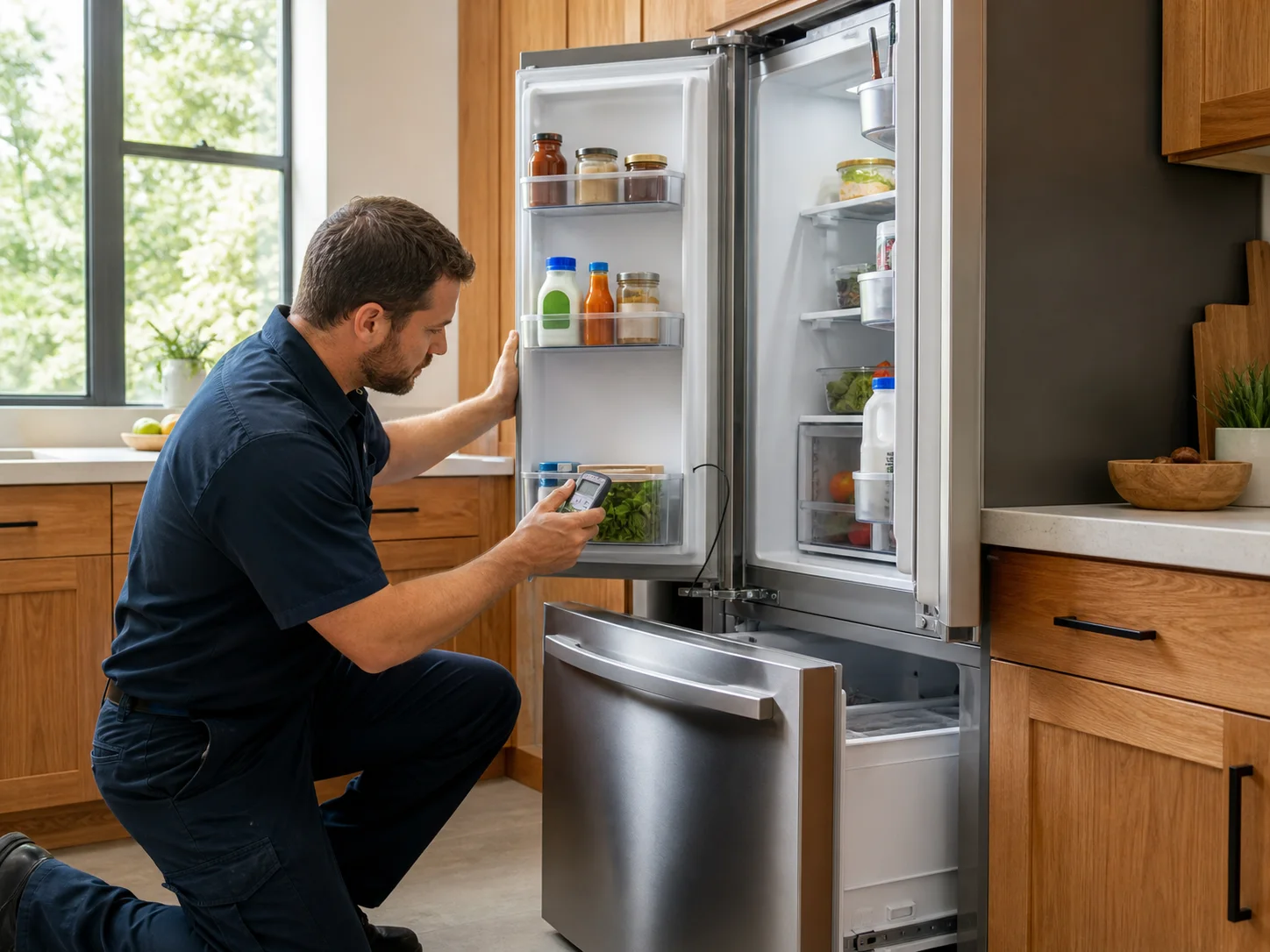 Technician checking door contact and cabinet temperature on an unbranded narrow built-in side-by-side refrigerator comparable to a Sub-Zero 661