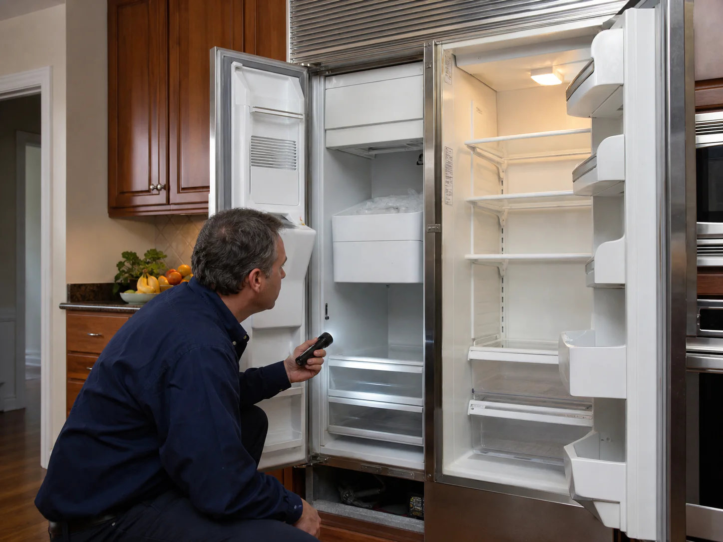 Technician checking airflow and ice-system conditions in an unbranded legacy built-in side-by-side refrigerator comparable to Sub-Zero 680 and 685 models