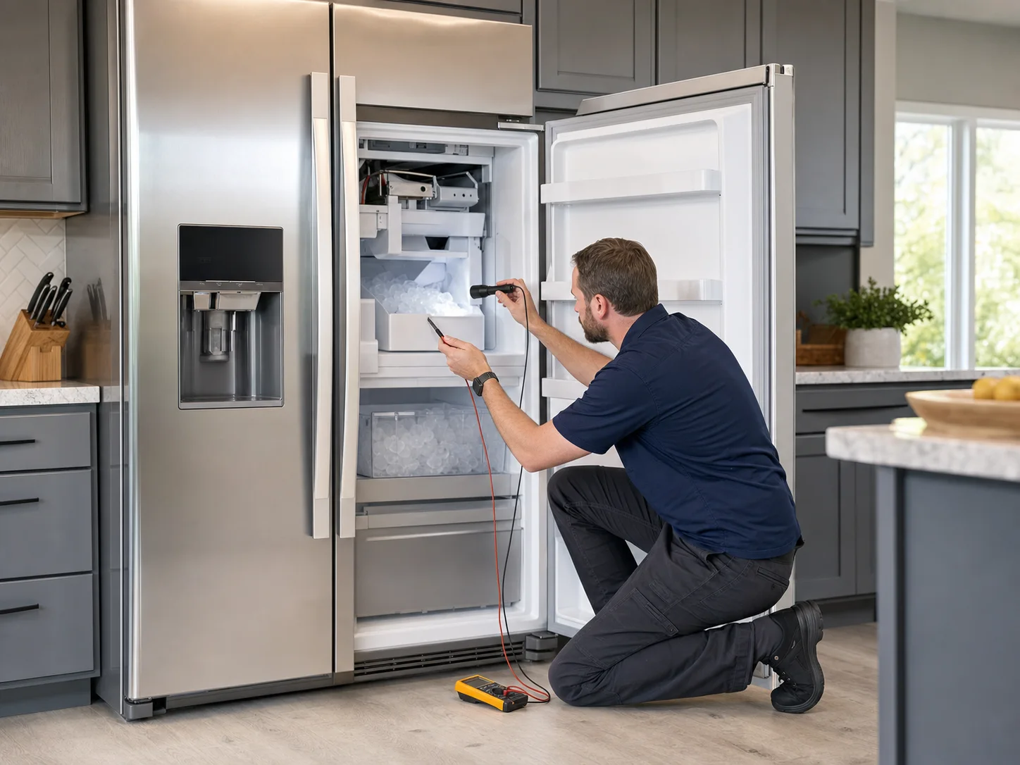 Technician inspecting the ice system in an unbranded wide dispenser-equipped built-in refrigerator comparable to Sub-Zero 690 and 695 models