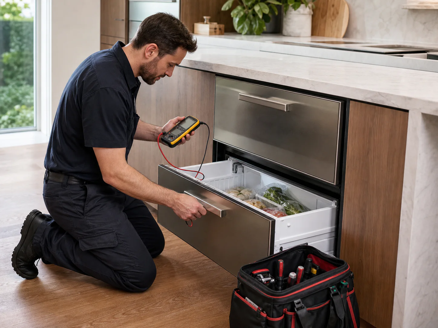Technician measuring temperature in unbranded stacked integrated refrigeration drawers comparable to Sub-Zero 700BR, 700BF, and 700BC models