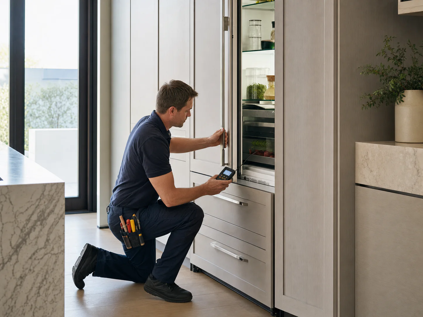 Technician checking door alignment on an unbranded 36-inch integrated refrigeration column comparable to Sub-Zero 736TR, 736TFI, and 736TCI models