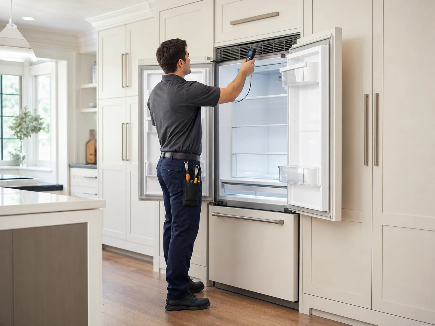 Technician measuring upper-cabinet airflow in an unbranded built-in French-door refrigerator comparable to the Sub-Zero BI-36U family