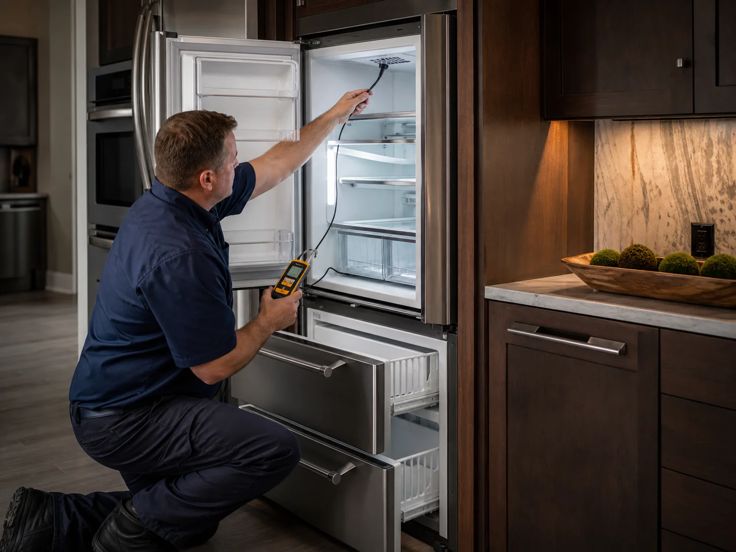 Technician checking airflow in an unbranded narrow over-and-under built-in refrigerator comparable to Sub-Zero BI-30U and BI-30UG models