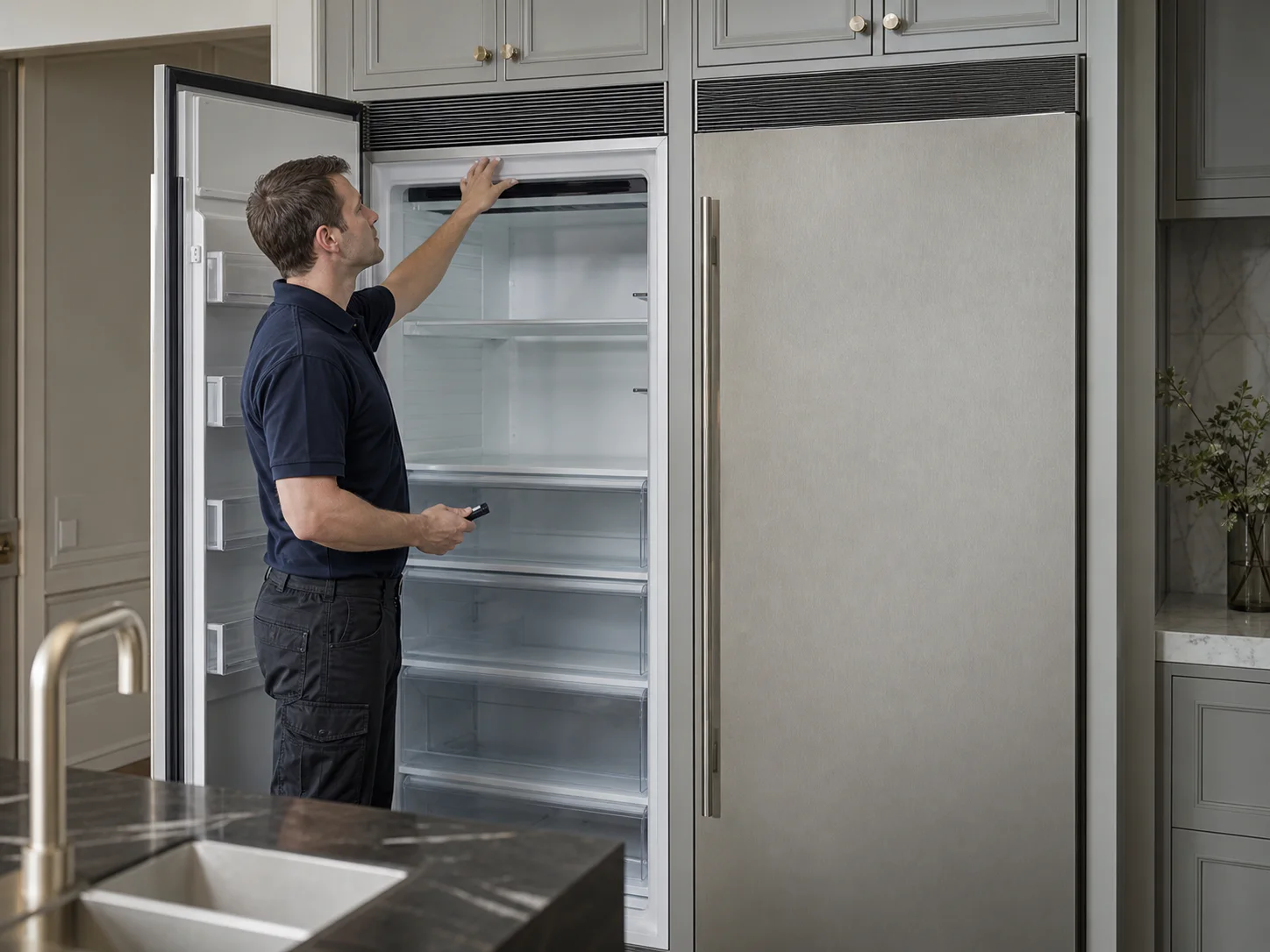 Technician comparing temperatures in unbranded full-height built-in refrigerator and freezer cabinets comparable to Sub-Zero BI-36R and BI-36F models