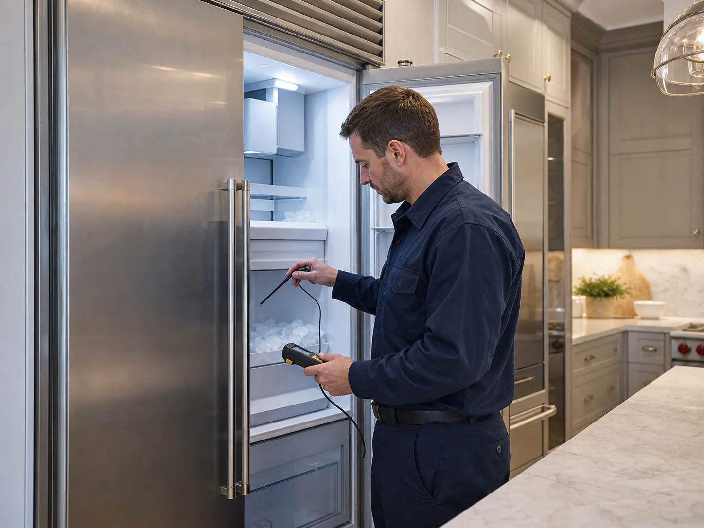 Technician inspecting the internal ice system of an unbranded 48-inch built-in side-by-side refrigerator comparable to Sub-Zero BI-48 models