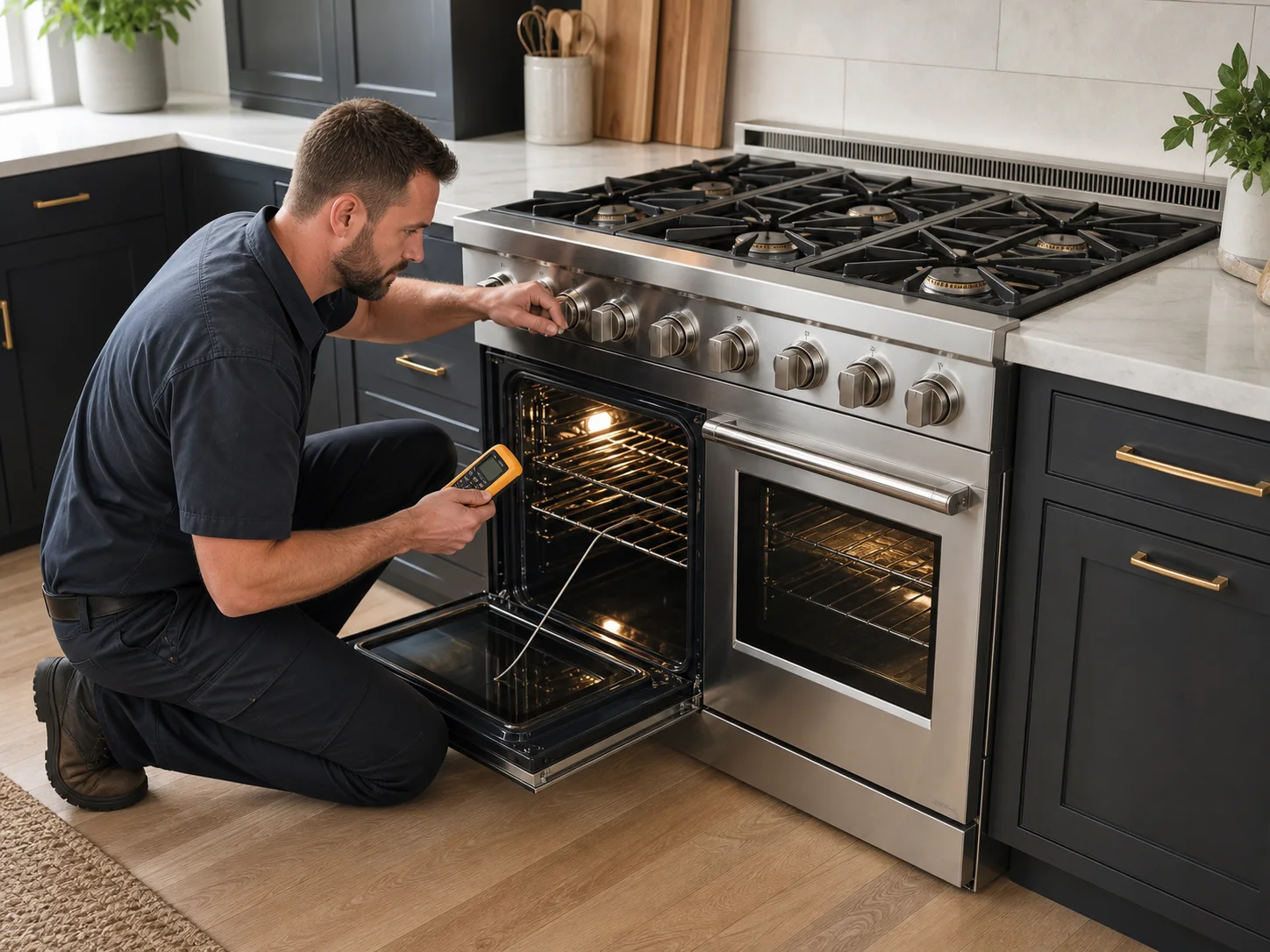 Technician measuring oven temperature on an unbranded 48-inch professional dual-fuel range comparable to Thermador PRD486 models