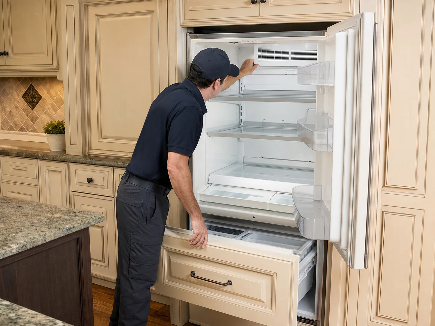 Technician checking freezer drawer sealing on an unbranded 36-inch built-in bottom-freezer refrigerator comparable to Viking VCBB363 models