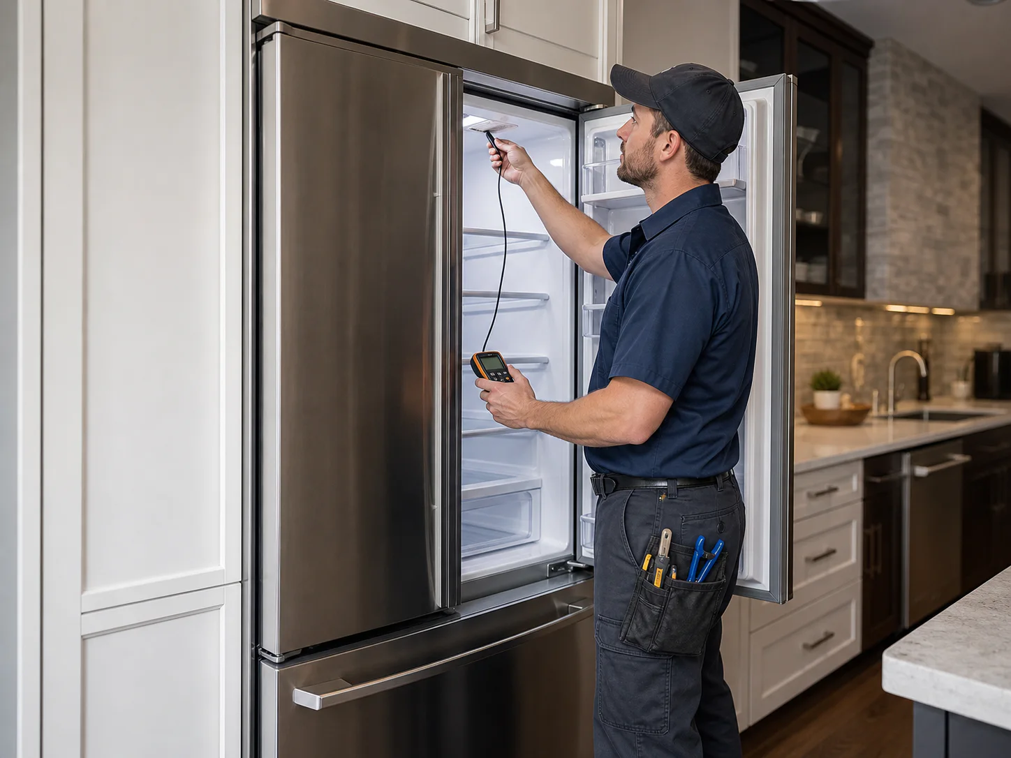 Technician measuring upper-cabinet temperature in an unbranded 36-inch built-in bottom-freezer refrigerator comparable to Viking VCBB536 models