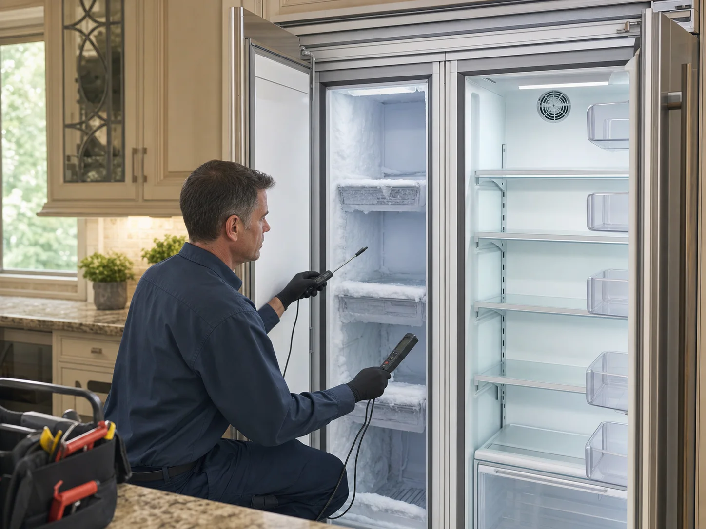 Technician comparing temperatures in an unbranded legacy built-in side-by-side refrigerator comparable to Viking VCSB423 and VCSB483 models