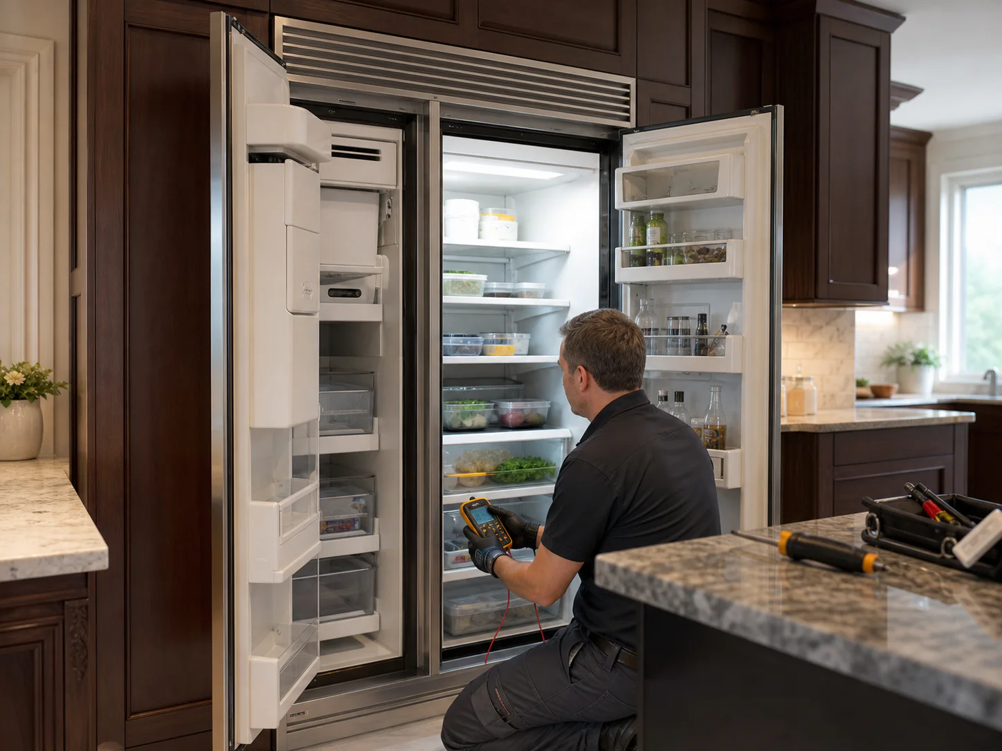 Technician checking upper-machine airflow on an unbranded wide built-in side-by-side refrigerator comparable to Viking VCSB542 and VCSB548 models