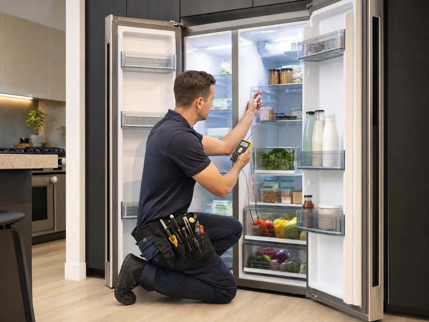 Technician checking cabinet temperature in an unbranded current-generation wide built-in side-by-side refrigerator comparable to Viking VCSB5424 and VCSB5484 models
