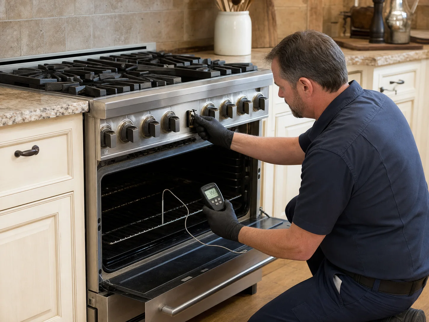 Technician checking oven temperature on an unbranded legacy 36-inch open-burner dual-fuel range comparable to a Viking VDSC365