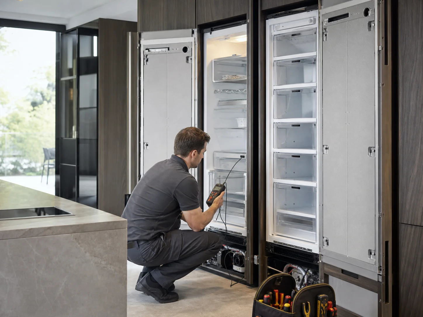 Technician diagnosing an unbranded premium refrigeration cabinet comparable to the Monogram ZIR refrigerator and ZIF freezer columns service platform