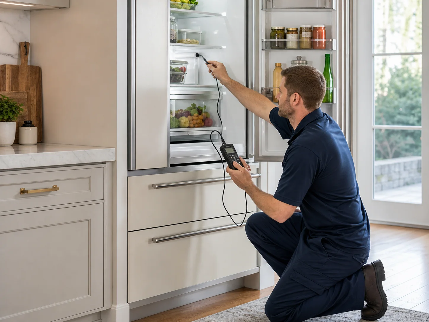 Technician diagnosing an unbranded premium refrigeration cabinet comparable to the Monogram ZIC360 bottom-freezer refrigerator service platform