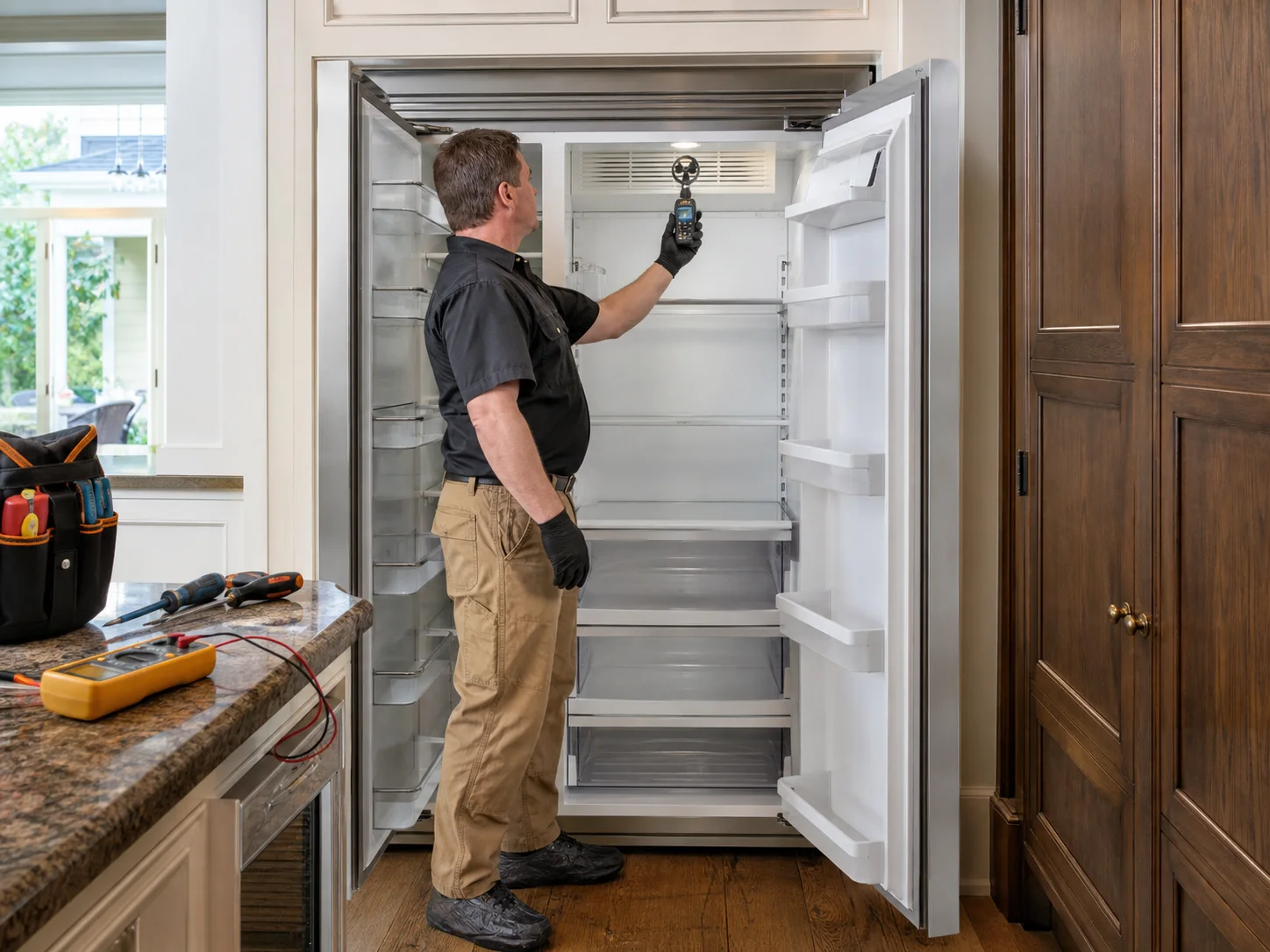 Technician diagnosing an unbranded premium refrigeration cabinet comparable to the Monogram ZIS, ZISB, and ZISS 36-inch refrigerators service platform