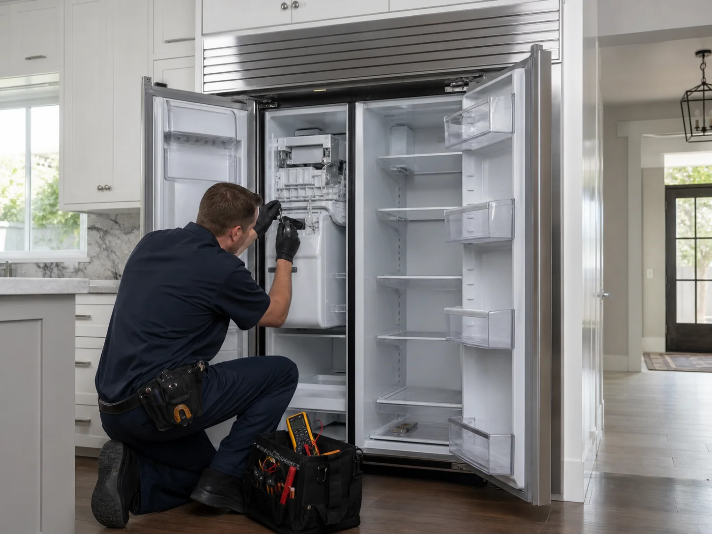Technician diagnosing an unbranded premium refrigeration cabinet comparable to the Monogram ZIS, ZISB, and ZISS 42-inch refrigerators service platform