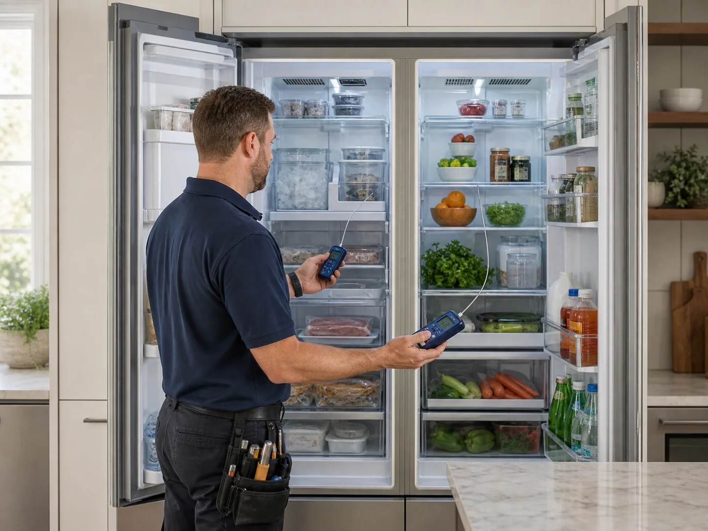 Technician diagnosing an unbranded premium refrigeration cabinet comparable to the Monogram ZIS, ZISB, and ZISS 48-inch refrigerators service platform