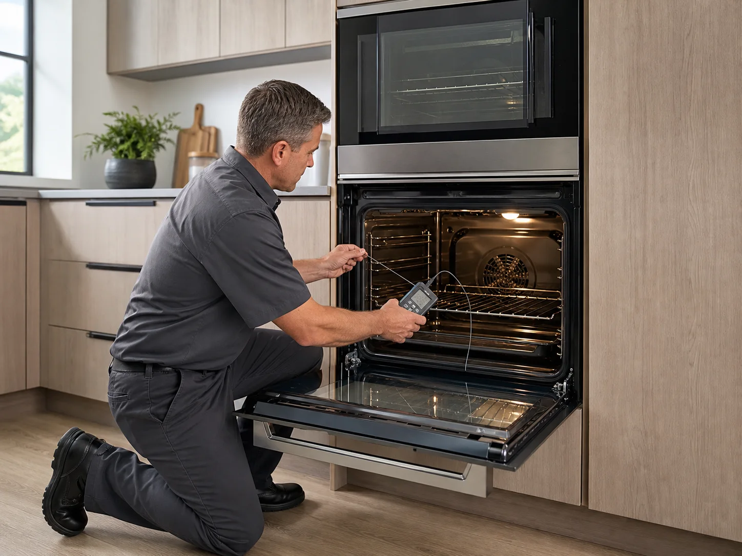 Technician diagnosing an unbranded built-in electric wall oven comparable to the Thermador MED and MEM wall ovens service platform
