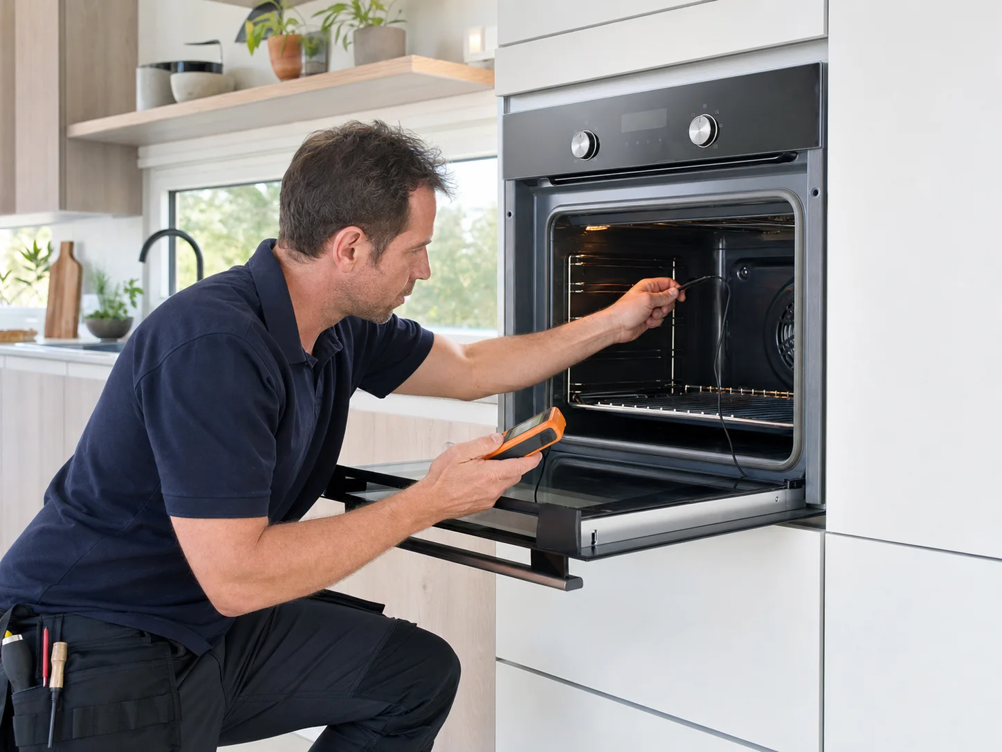 Technician diagnosing an unbranded built-in electric wall oven comparable to the Thermador POD and PO wall ovens service platform