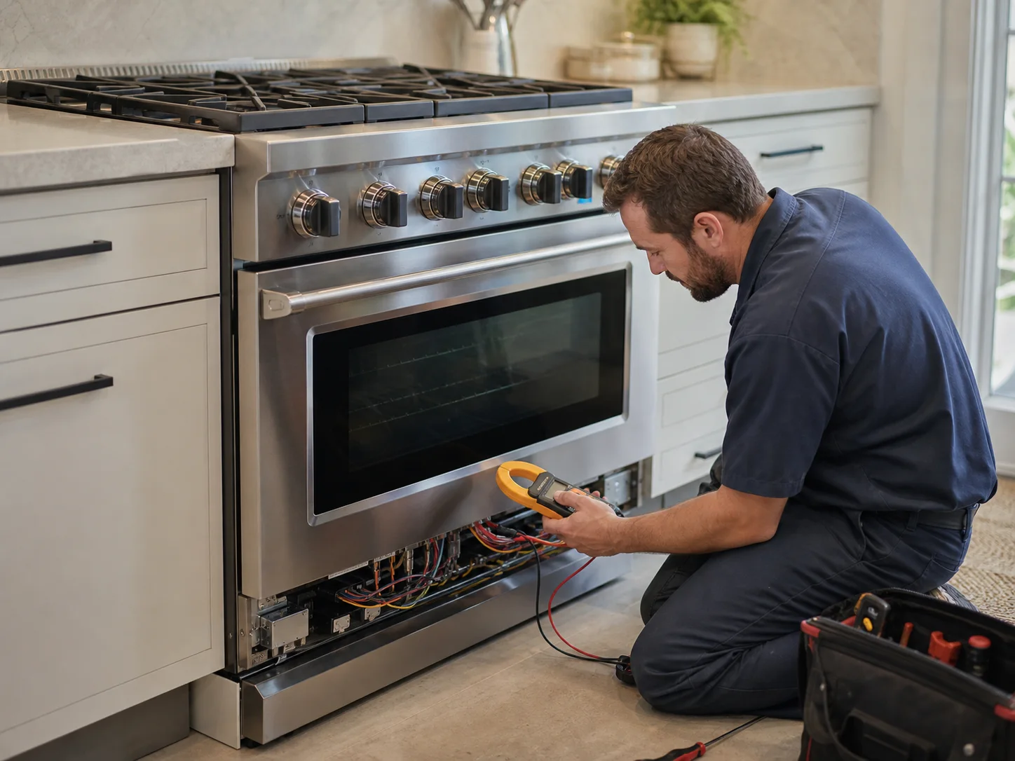 Technician diagnosing an unbranded professional cooking appliance comparable to the Thermador PRD30 and PRD36 service platform