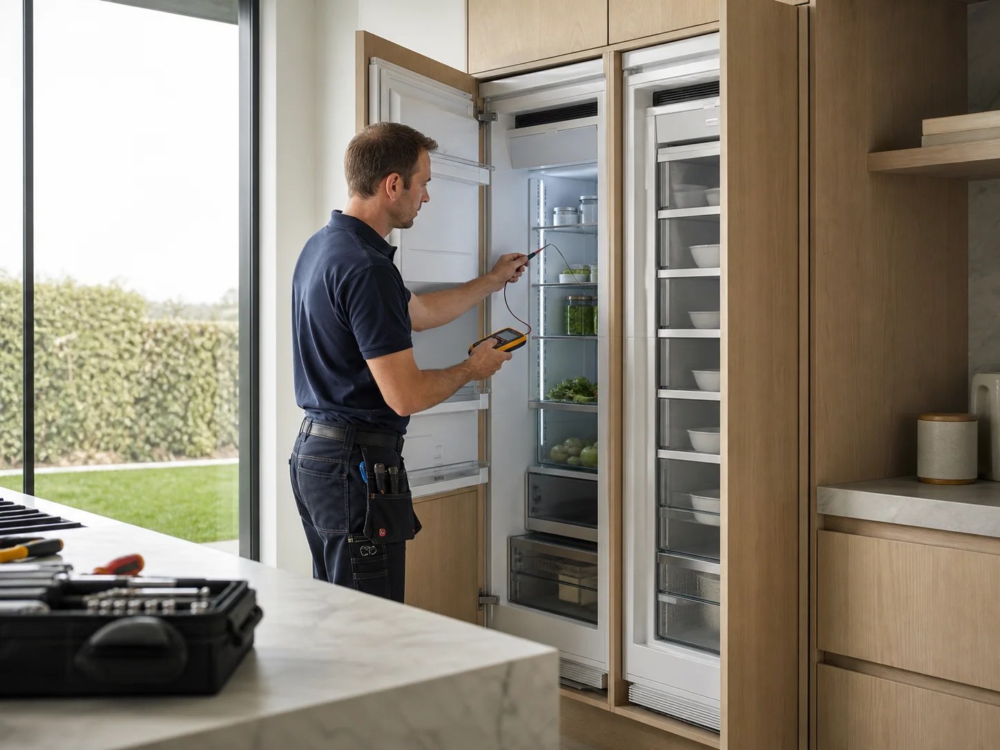 Technician diagnosing an unbranded premium refrigeration cabinet comparable to the Thermador T18 and T24 Freedom columns service platform