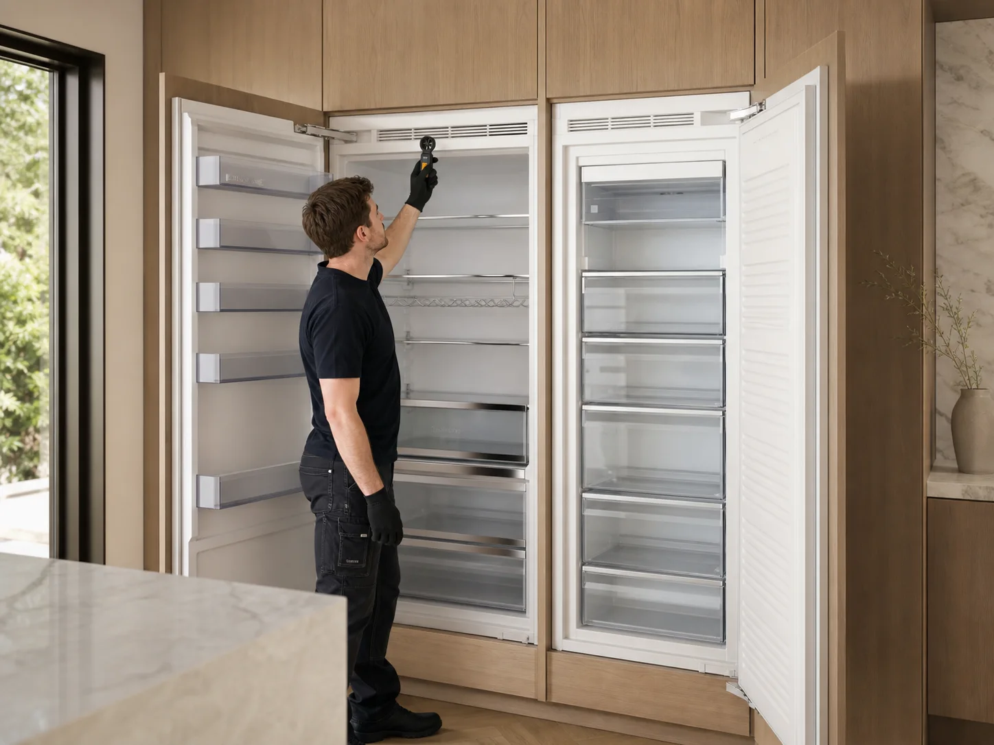 Technician diagnosing an unbranded premium refrigeration cabinet comparable to the Thermador T30 and T36 Freedom columns service platform