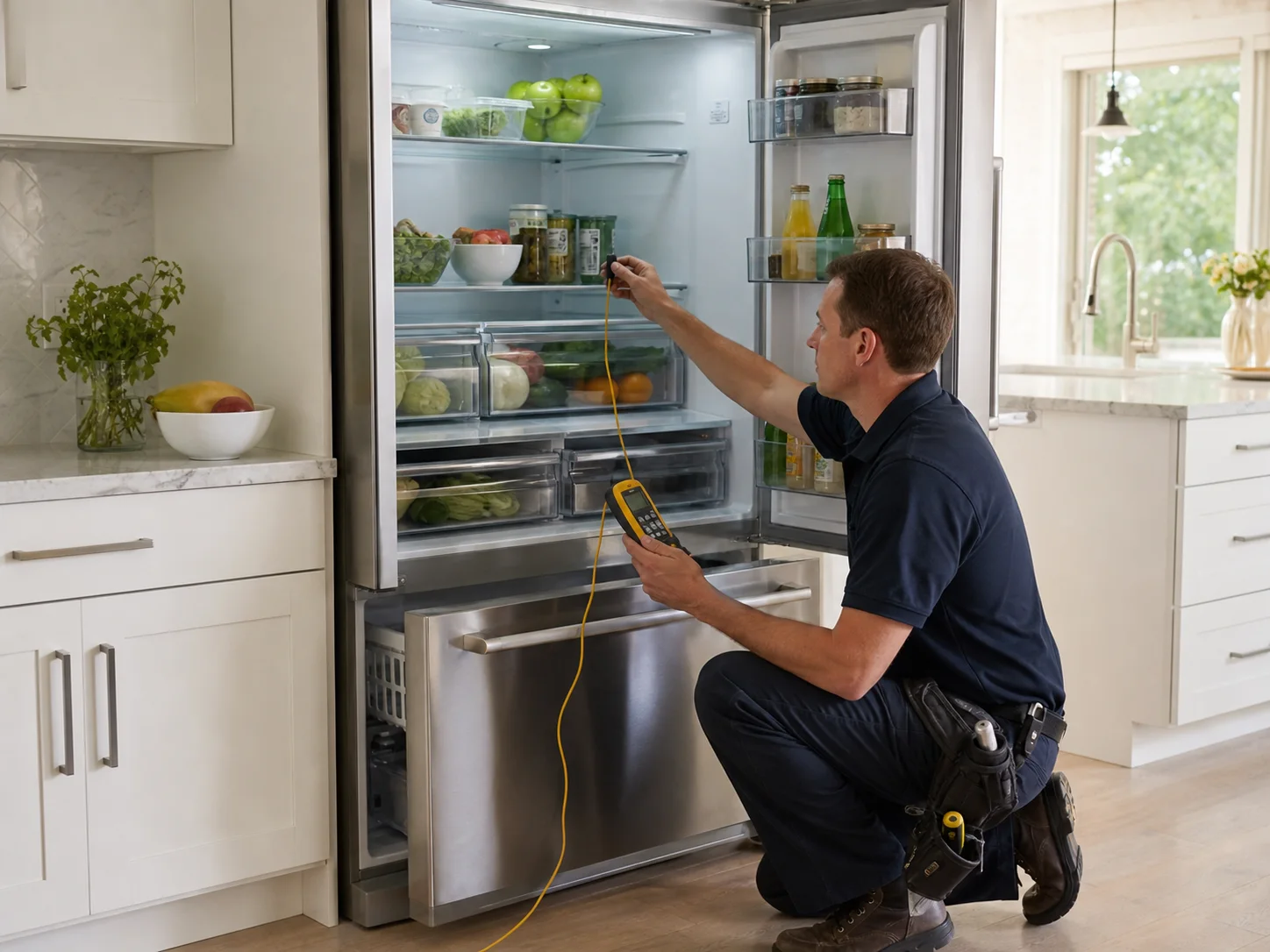 Technician diagnosing an unbranded premium refrigeration cabinet comparable to the Thermador T36IB bottom-freezer refrigerator service platform