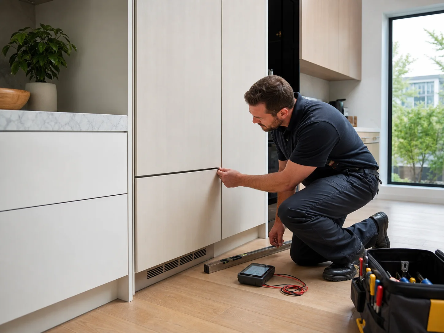 Technician diagnosing an unbranded premium refrigeration cabinet comparable to the Thermador T36IT integrated refrigerator service platform