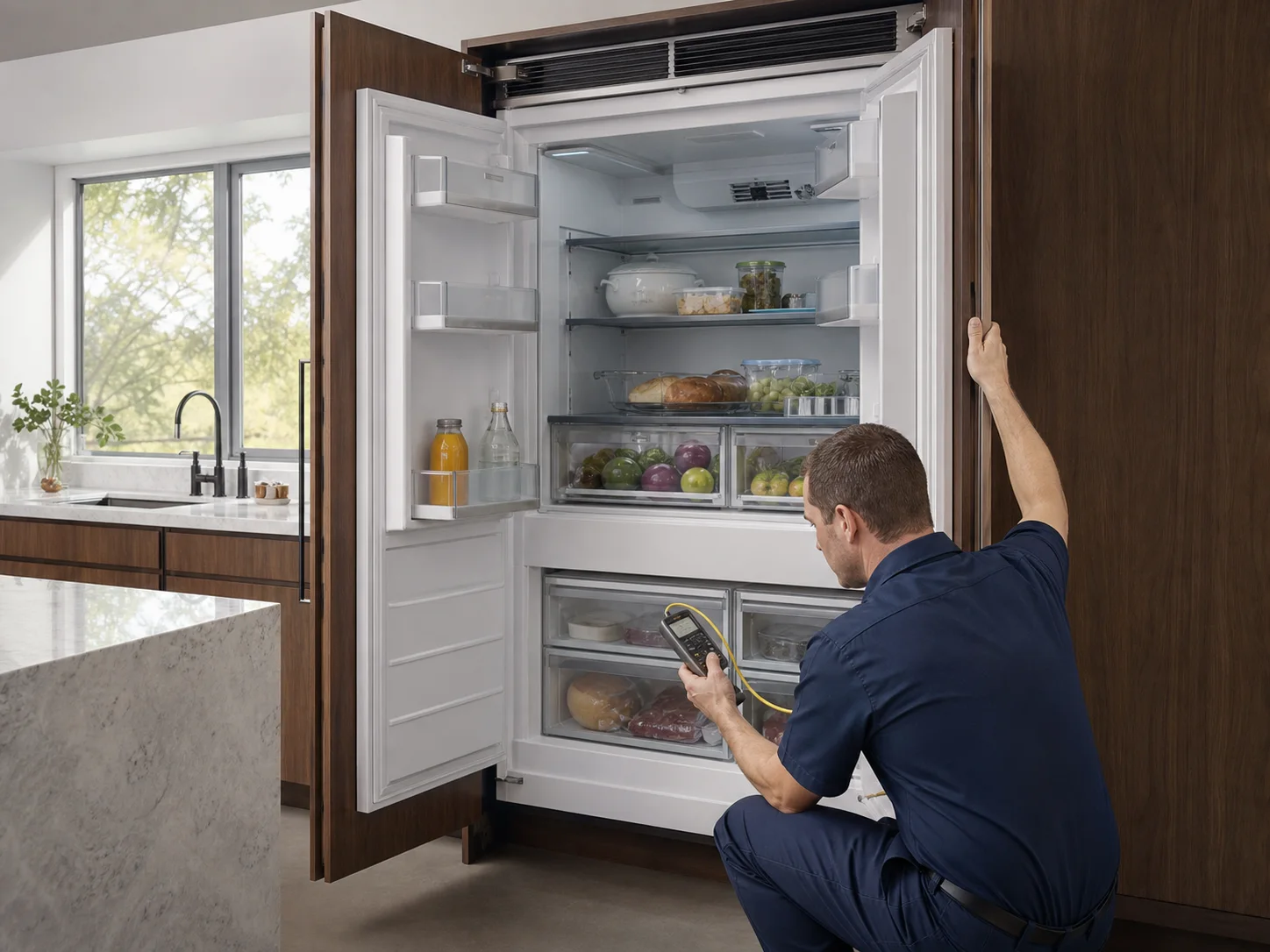 Technician diagnosing an unbranded premium refrigeration cabinet comparable to the Thermador T42IT integrated refrigerator service platform