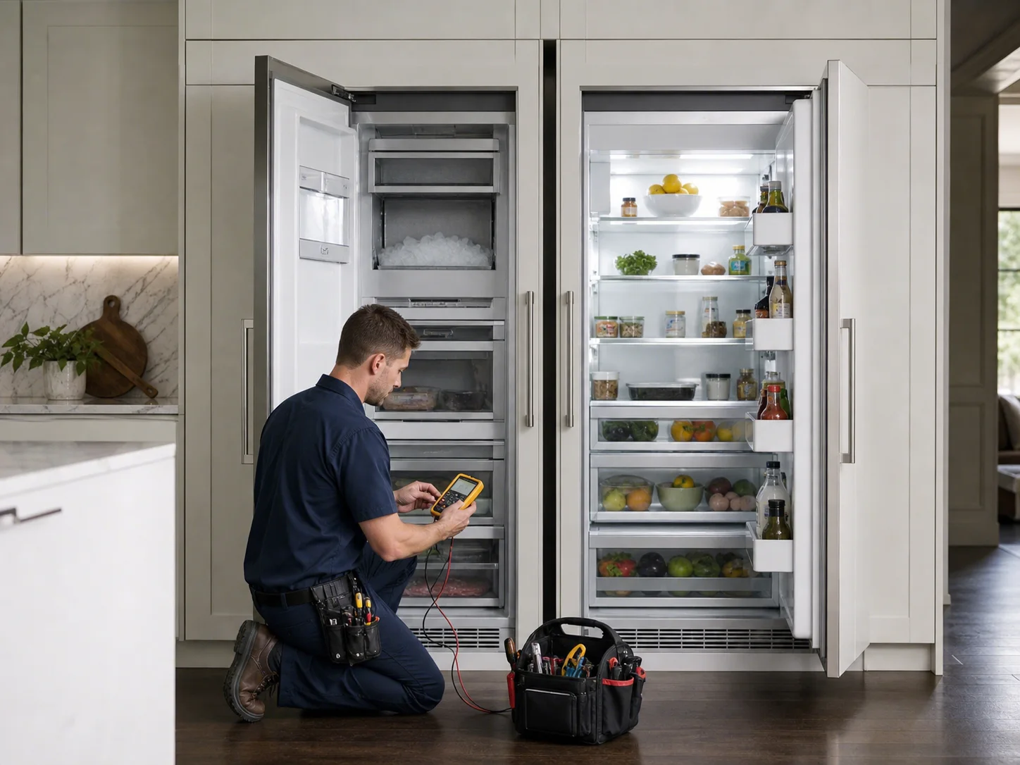 Technician diagnosing an unbranded premium refrigeration cabinet comparable to the Thermador T48IT integrated refrigerator service platform
