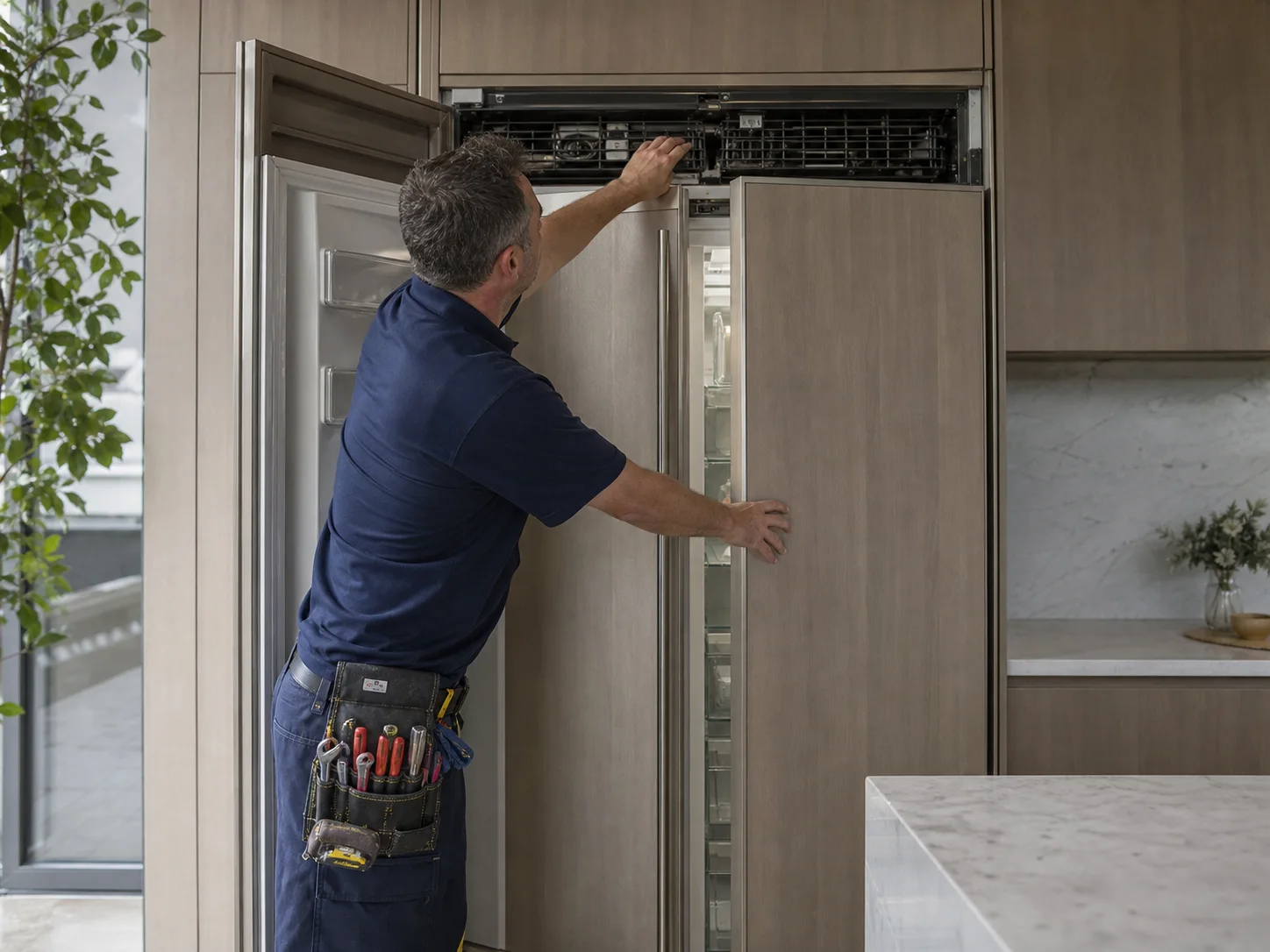 Technician diagnosing an unbranded premium refrigeration cabinet comparable to the Viking VISB, DDSB, and DFSB 423-483 refrigerators service platform