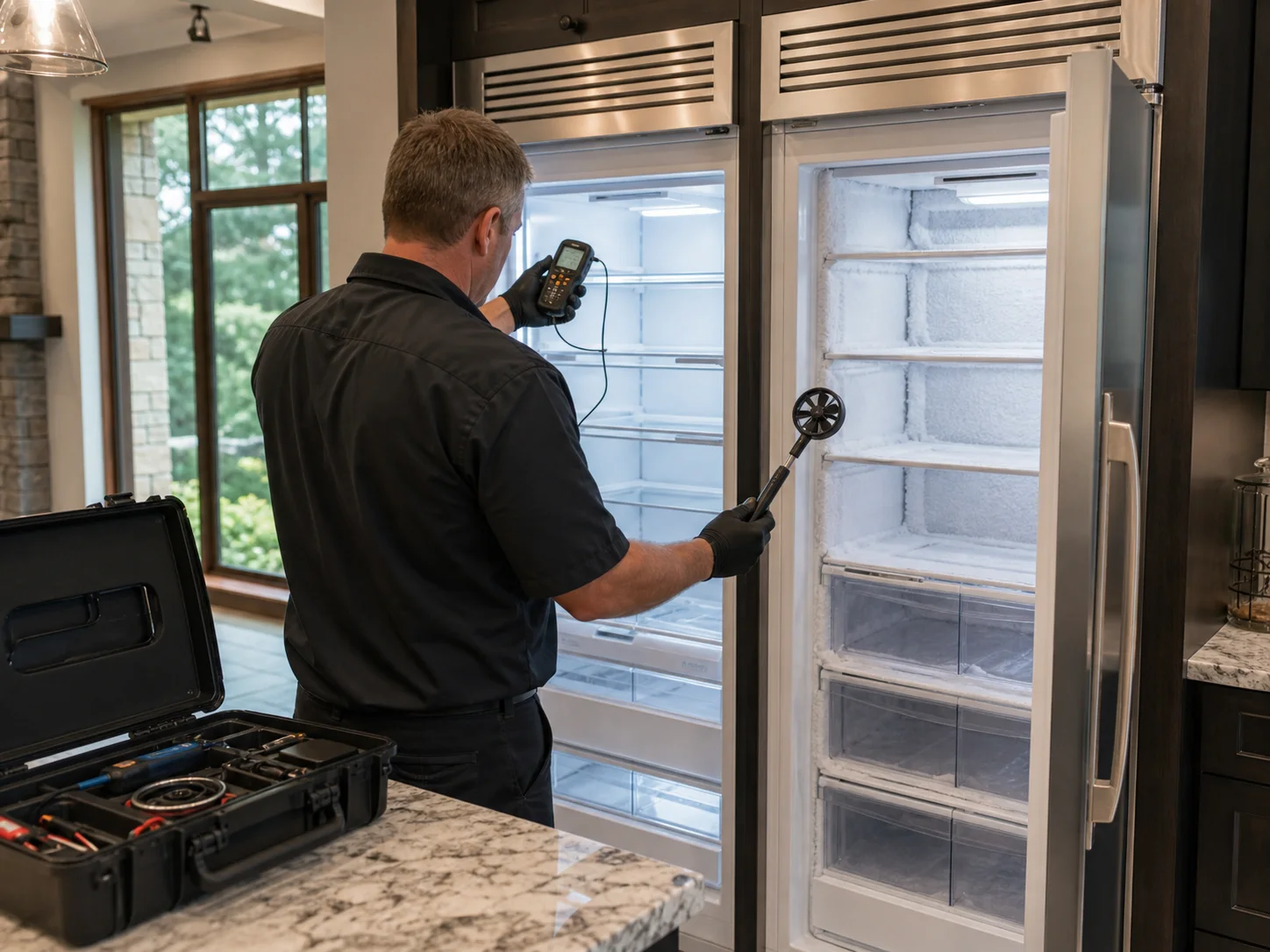 Technician diagnosing an unbranded premium refrigeration cabinet comparable to the Viking VCRB and VCFB 530-536 columns service platform