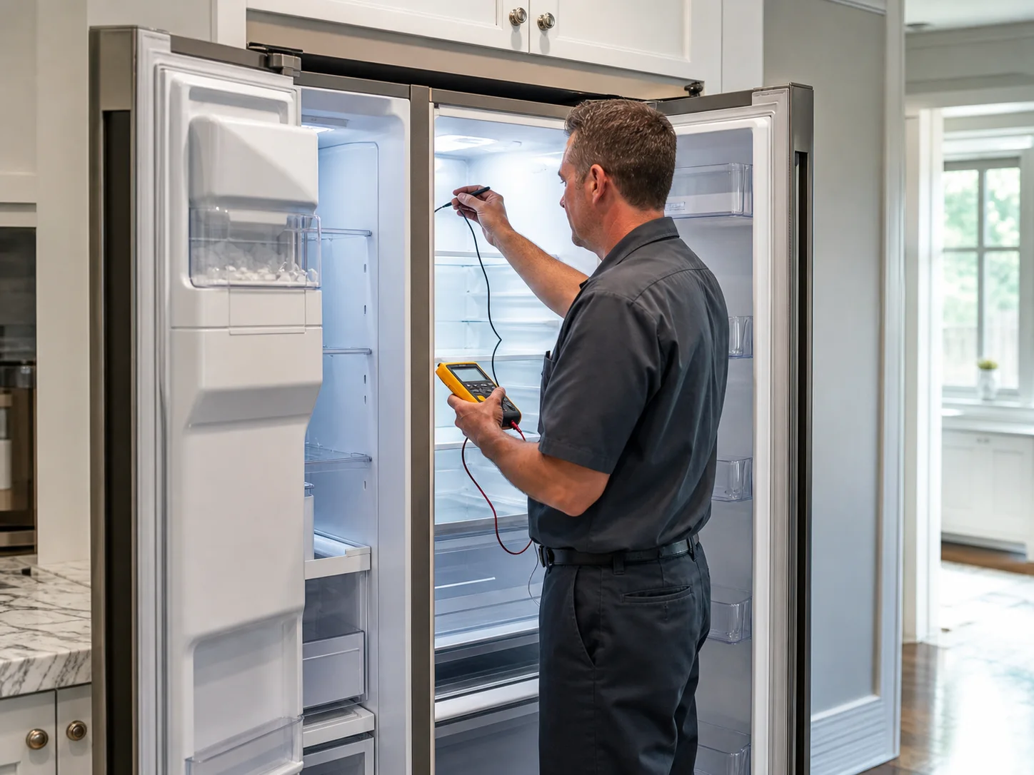 Technician diagnosing an unbranded premium refrigeration cabinet comparable to the Viking VCSB5421 and VCSB5481 refrigerators service platform