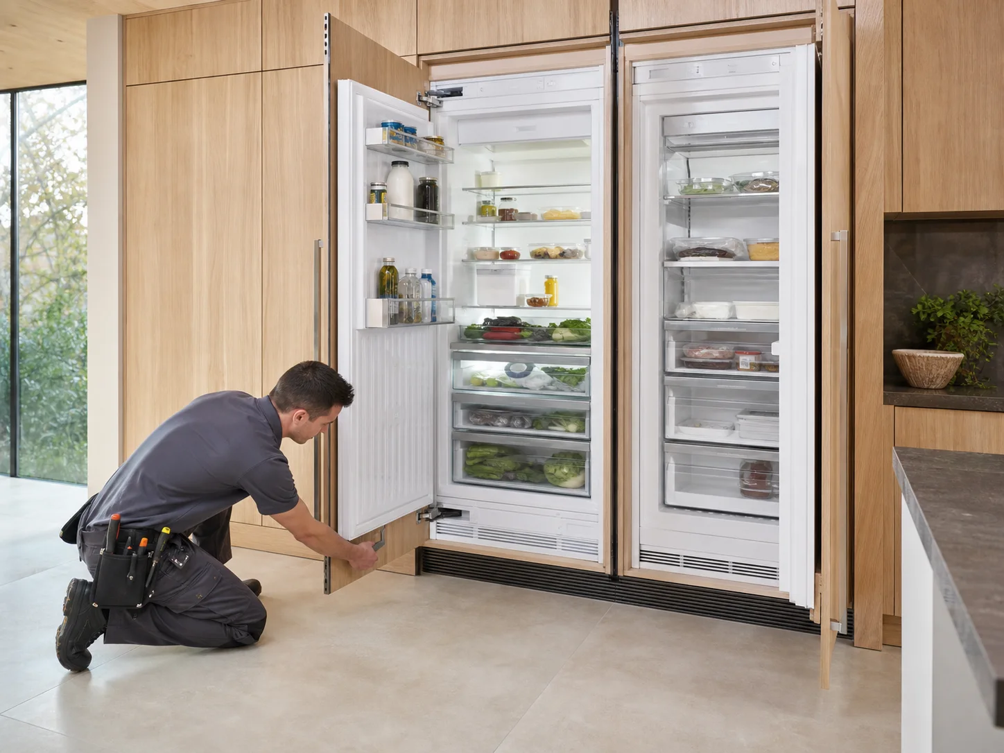 Technician diagnosing an unbranded premium refrigeration cabinet comparable to the Viking VIRB and VIFB integrated columns service platform